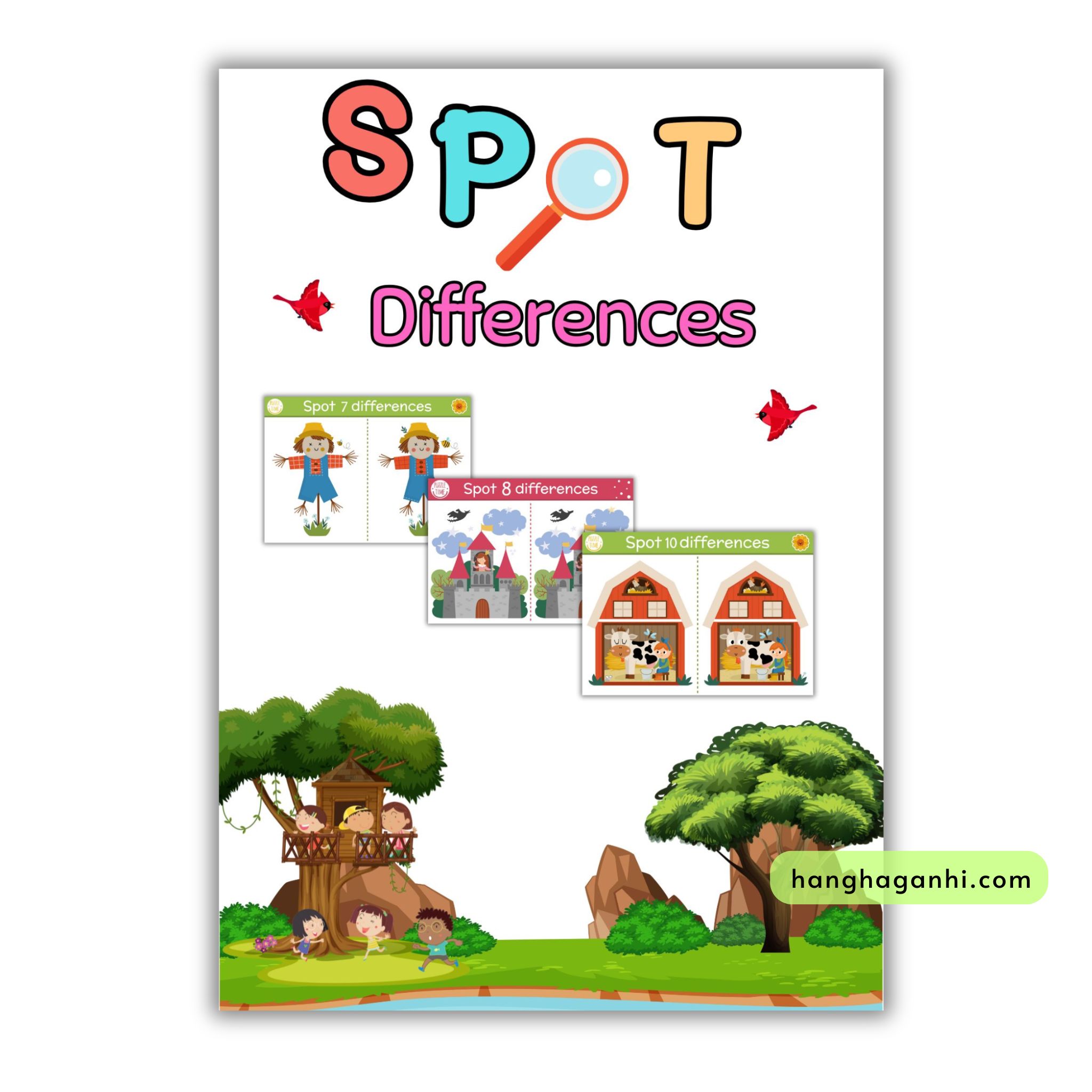 Học liệu Spot the Differences, luyện tư duy tập trung tìm điểm khác biệt giữa 2 bức tranh, ép plastic, tặng bút viết xóa