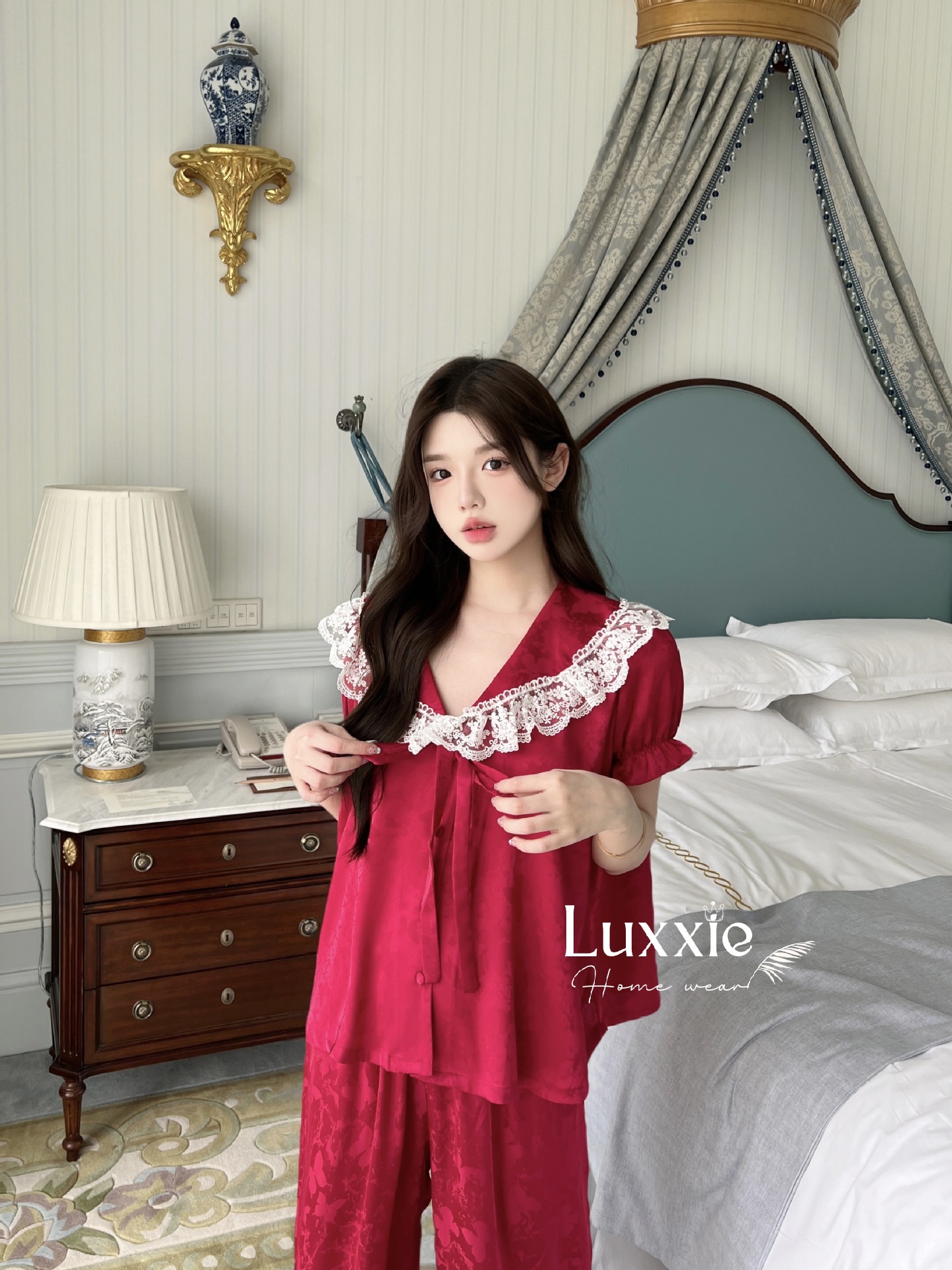 N108B Pijama lụa gấm hoa cổ ren trắng buộc nơ cộc tay_thumbnail_16