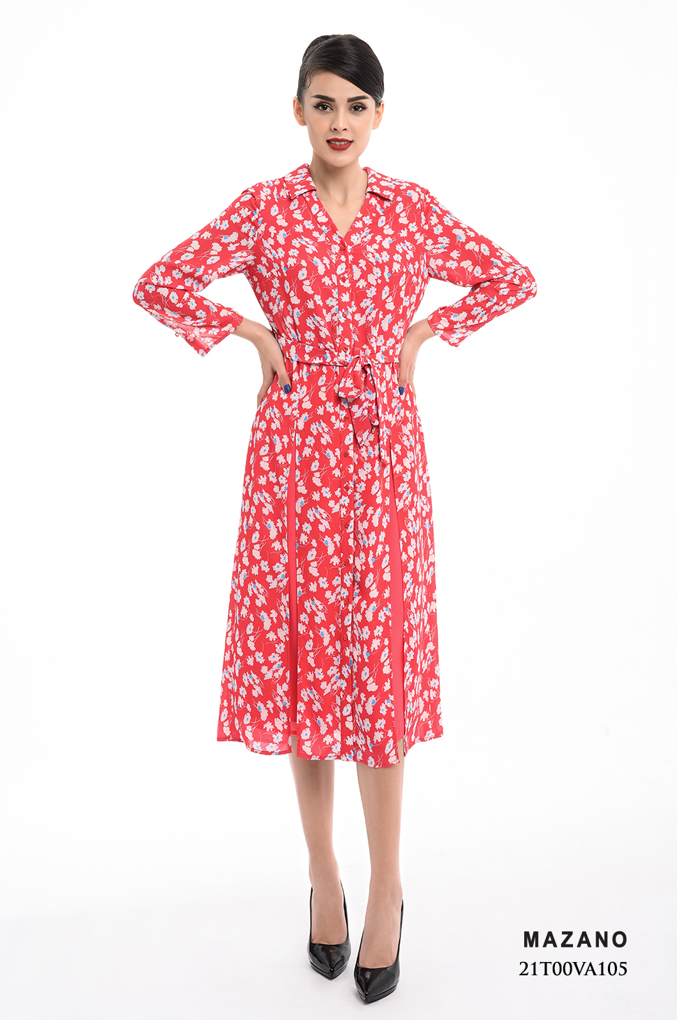 Đầm sơ mi họa tiết nền đỏ xẻ thân thắt đai_thumbnail_0