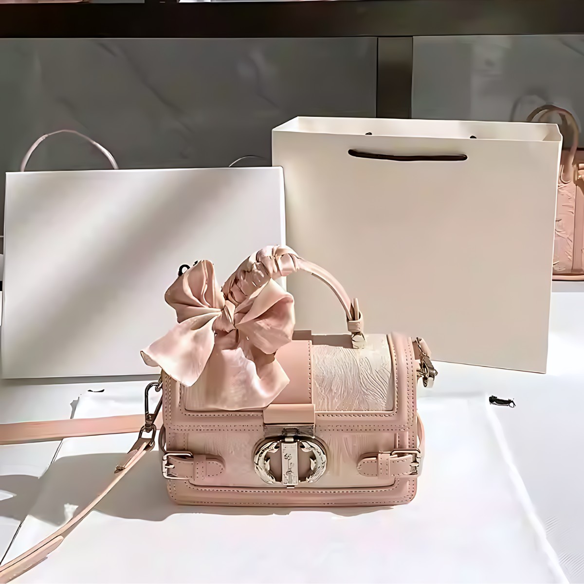 UHE_2522 – Túi xách LUMINA tặng khăn lụa | Da thêu hoa – 2 màu Hồng phấn & Xám bạc_thumbnail_4