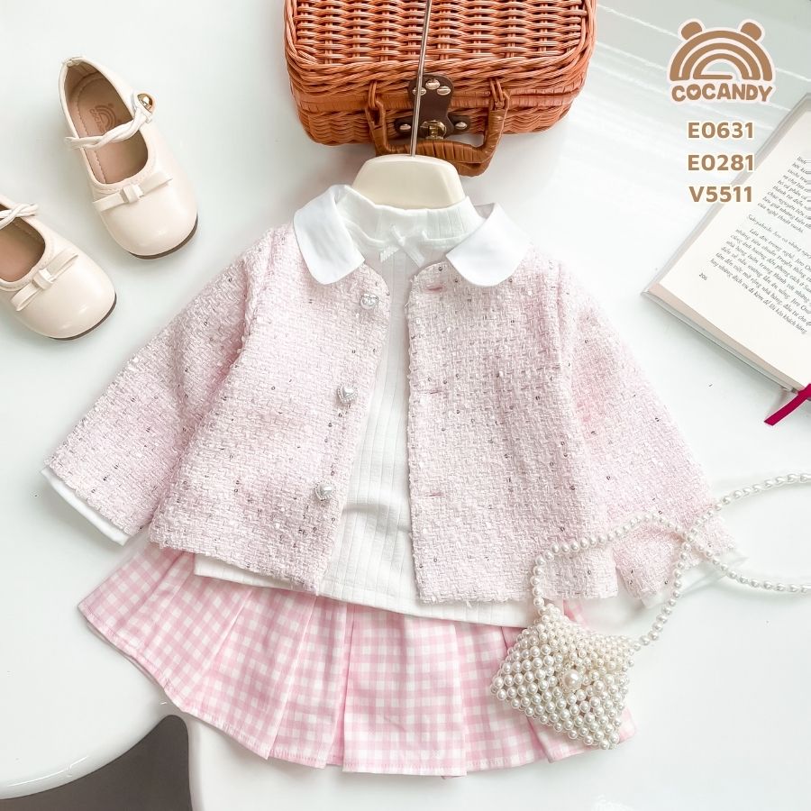 Áo khoác dạ Tweed HỒNG tiểu thư cổ choàng