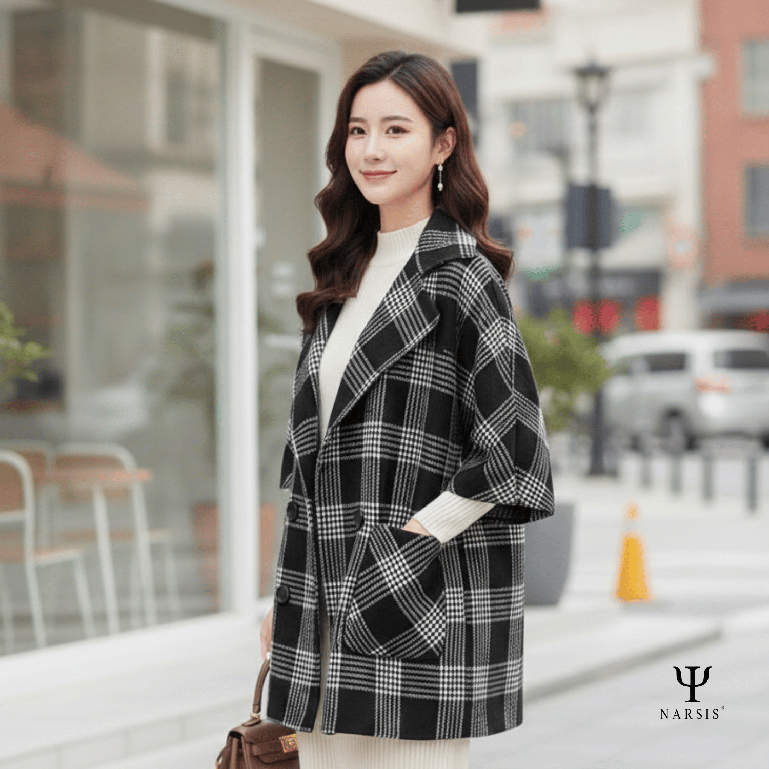 Áo Choàng Nữ Narsis, Kẻ Caro Đen Trắng, Chất Liệu Cao Cấp, Dễ Phối Đồ, Phong Cách Hiện Đại_thumbnail_3