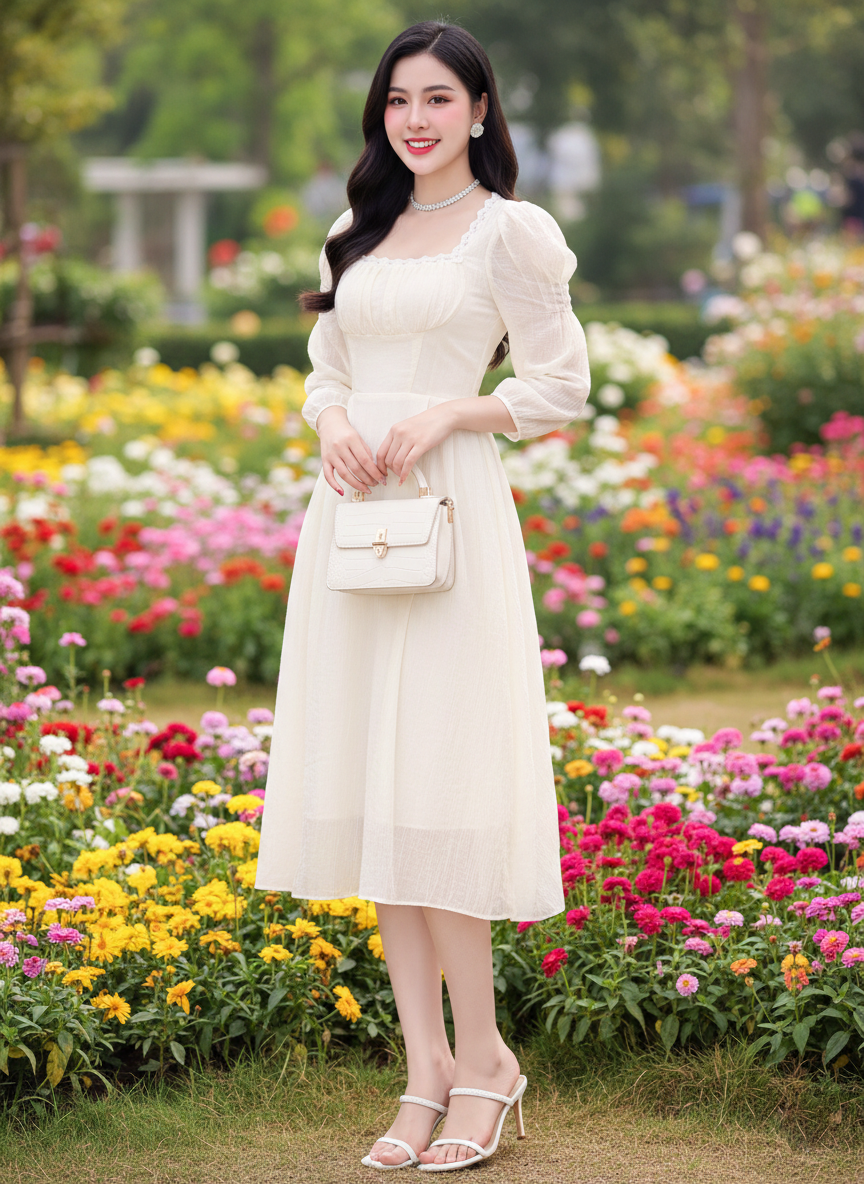 Đầm midi tay dài cổ U phối ren ngực_thumbnail_5