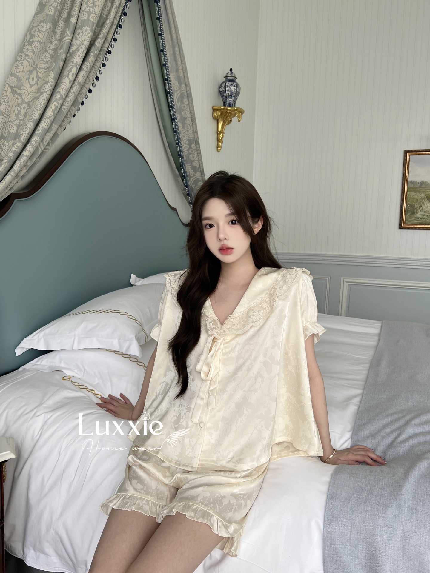 N108C Pijama lụa gấm hoa cổ ren trắng buộc nơ cộc đùi_thumbnail_8