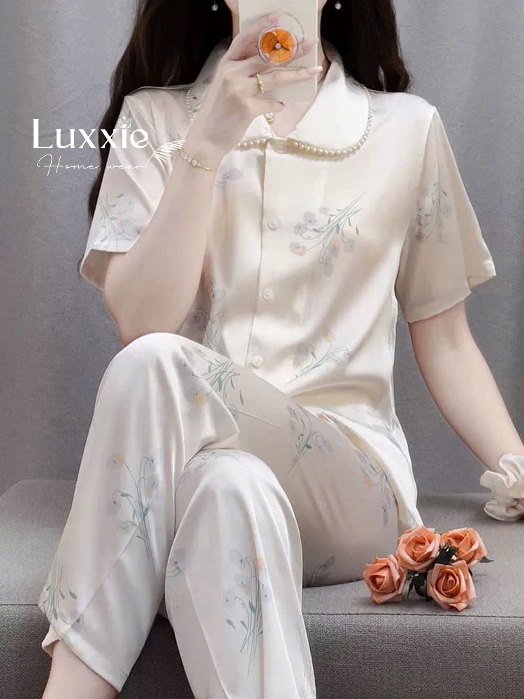 N104B Pijama lụa hoa linh lan tím viền cổ ngọc trai cộc tay