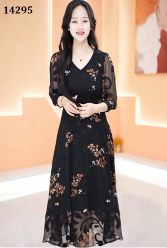 14295-Đầm voan đen in hoa nâu (voan in, lót)_thumbnail_0