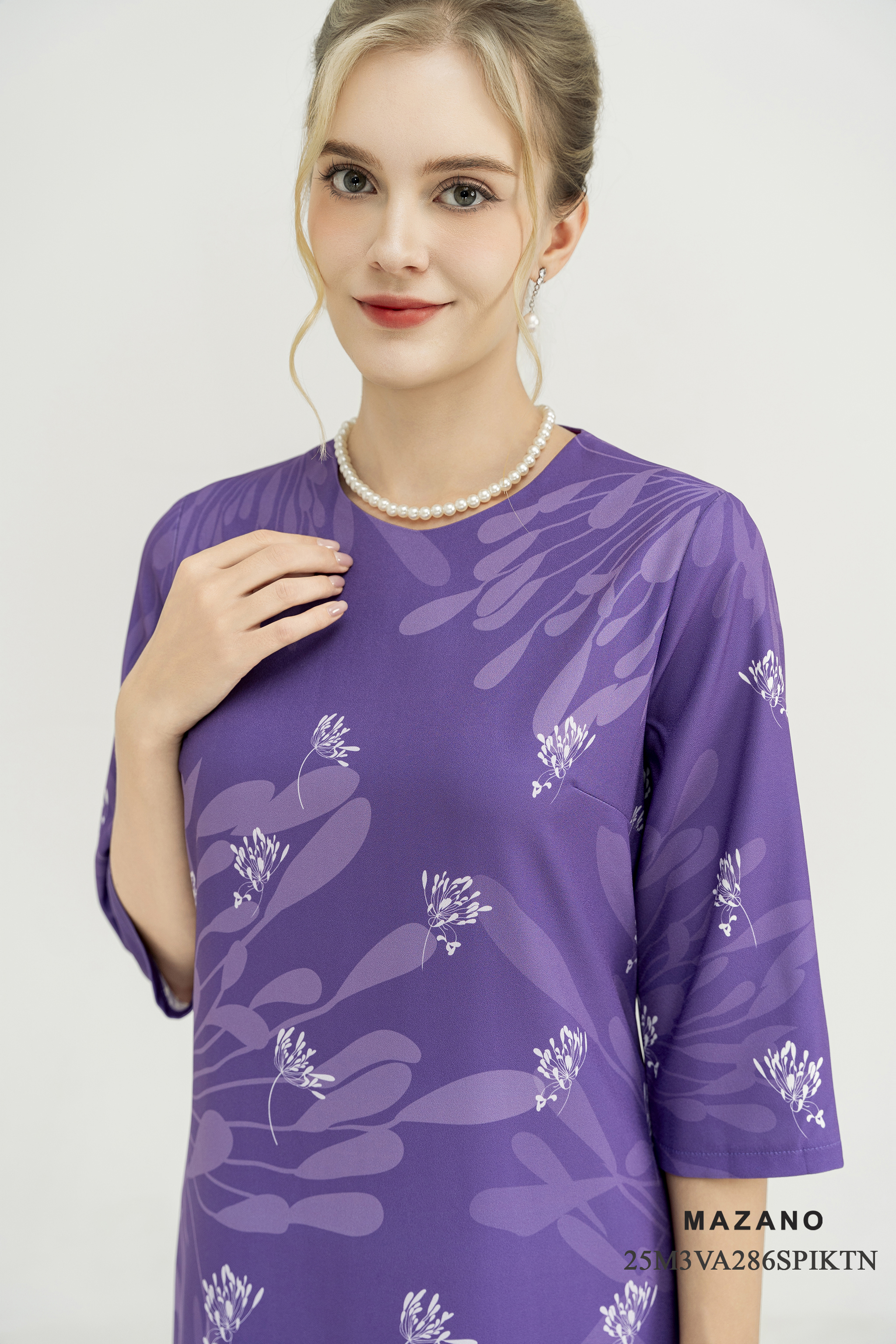 Váy Đầm Suông Vải thô dày Hoạ tiết cách điệu Cổ tròn Tay ngắn Dài qua bắp chân_thumbnail_2