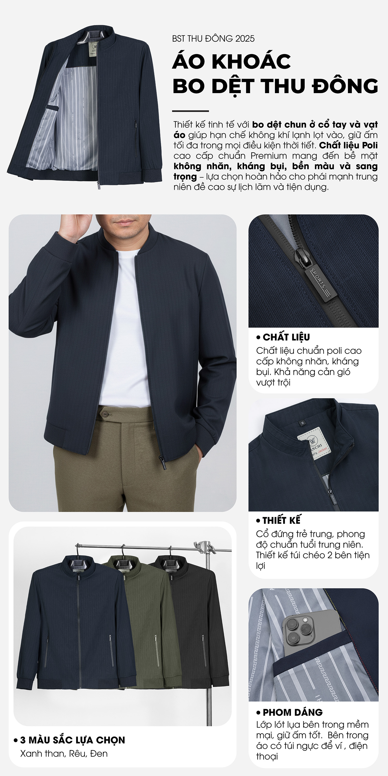 mô tả áo khoác bo dệt trung niên ANCHI cao cấp