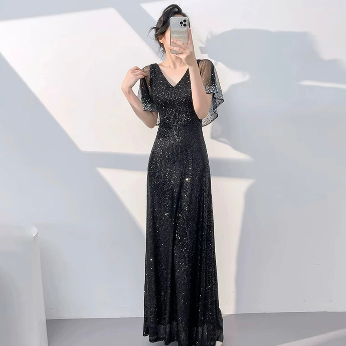 Đầm dự tiệc dạ hội sequin kim sa phối lưới đá