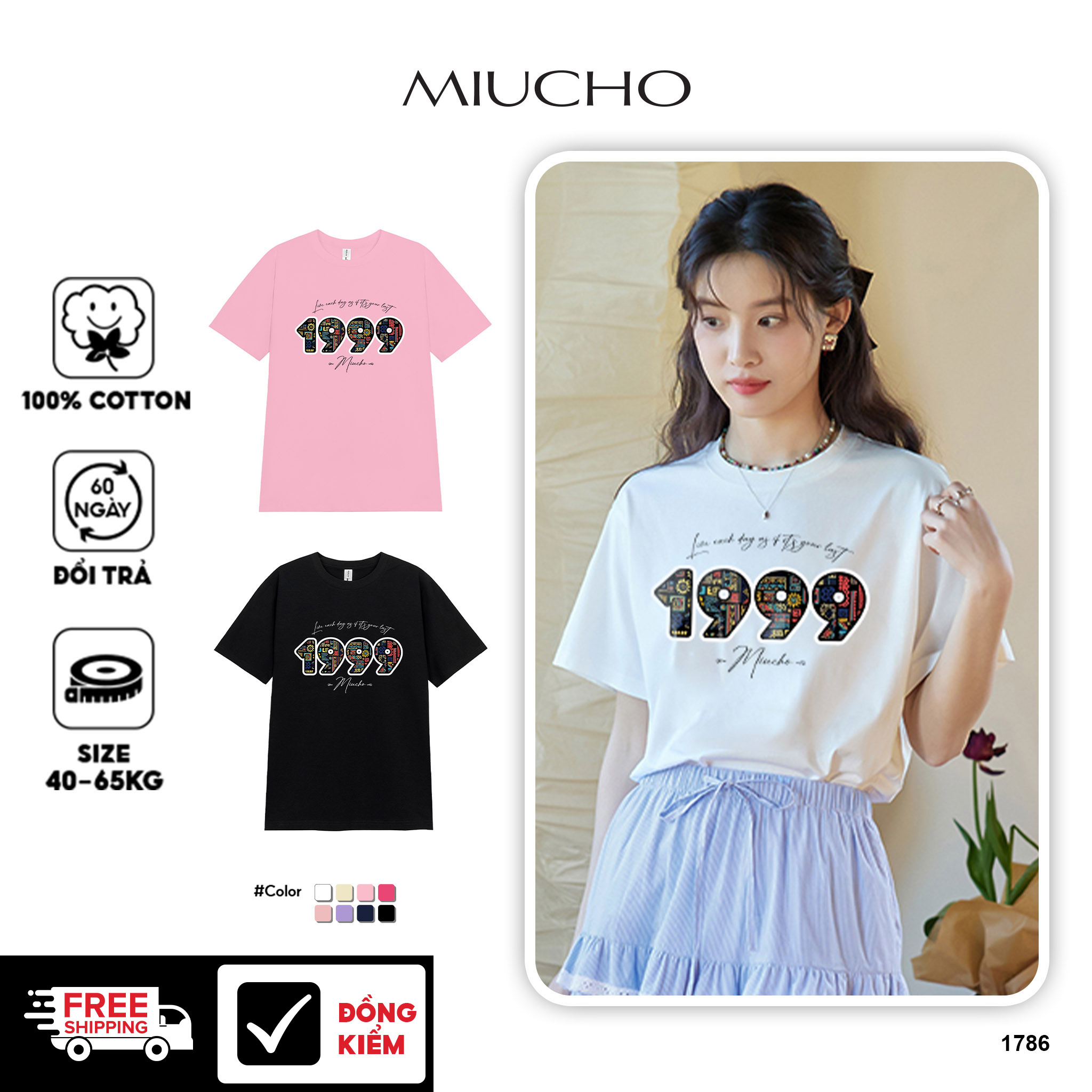 Áo thun nữ in năm sinh 1999 form vừa regular vải cotton 4c thoáng mát ARD1786 Miucho Chic in mix