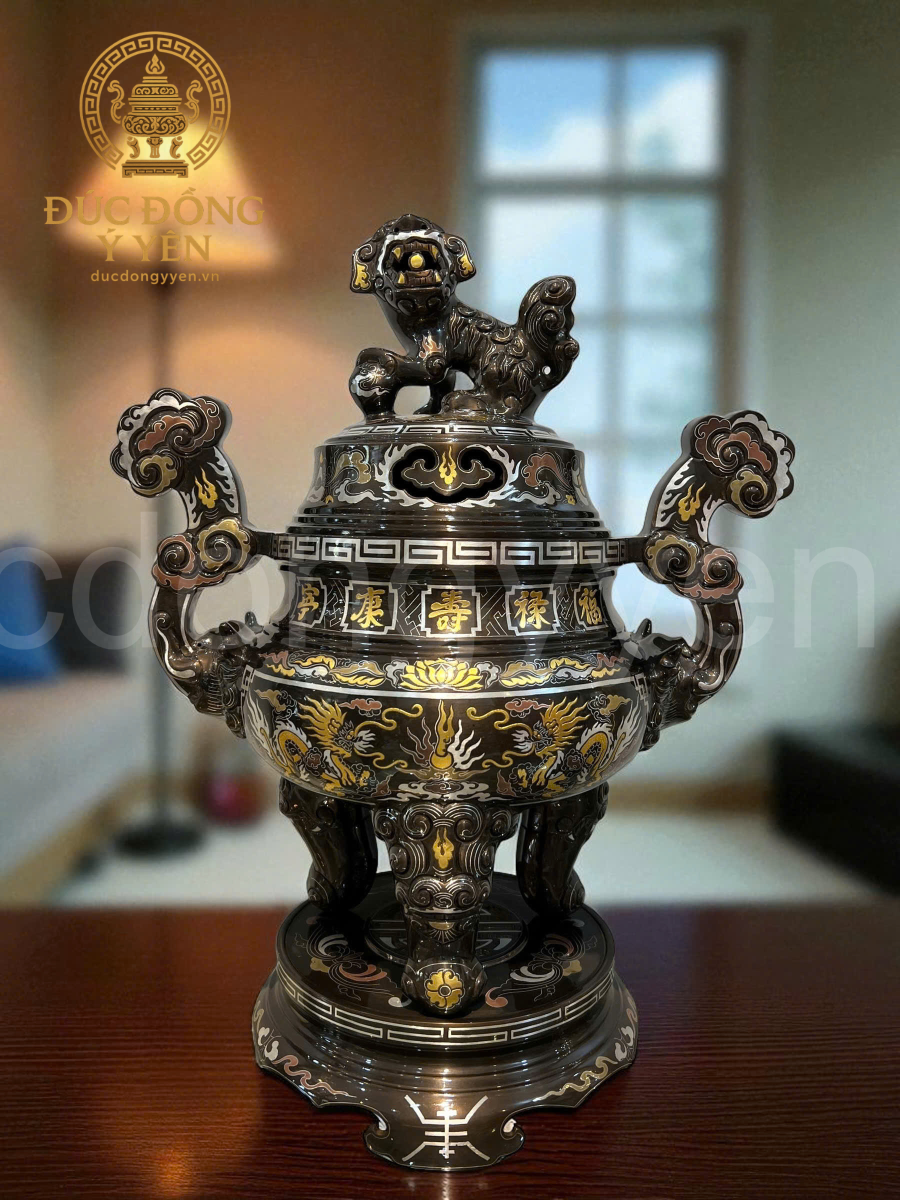 Bộ ngũ sự đúc đồng đỏ khảm ngũ sắc cao cấp cao 50cm_thumbnail_1