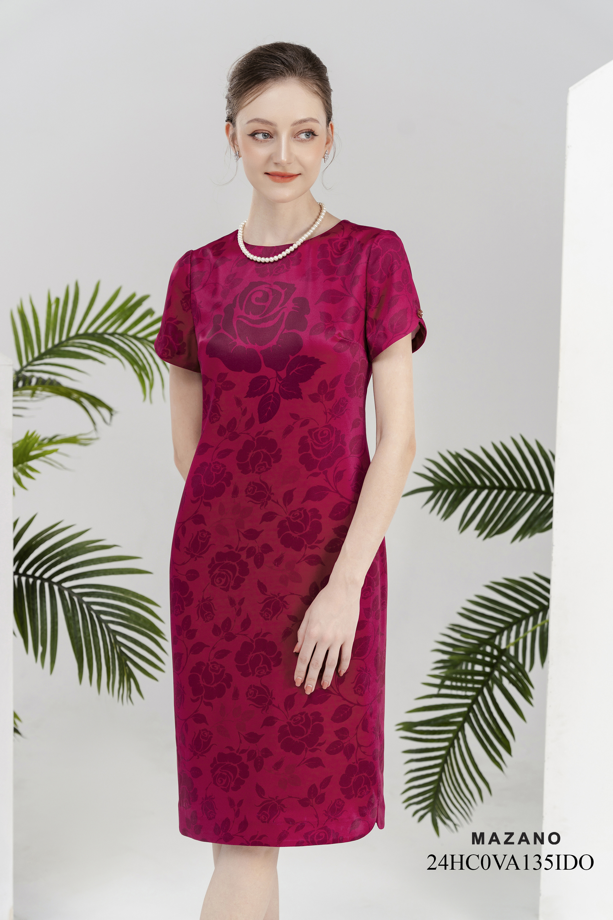 Váy Đầm Suông Vải thô lụa Hoạ tiết hoa hồng cách điệu Cổ tròn Tay ngắn Dài đến bắp chân_thumbnail_2