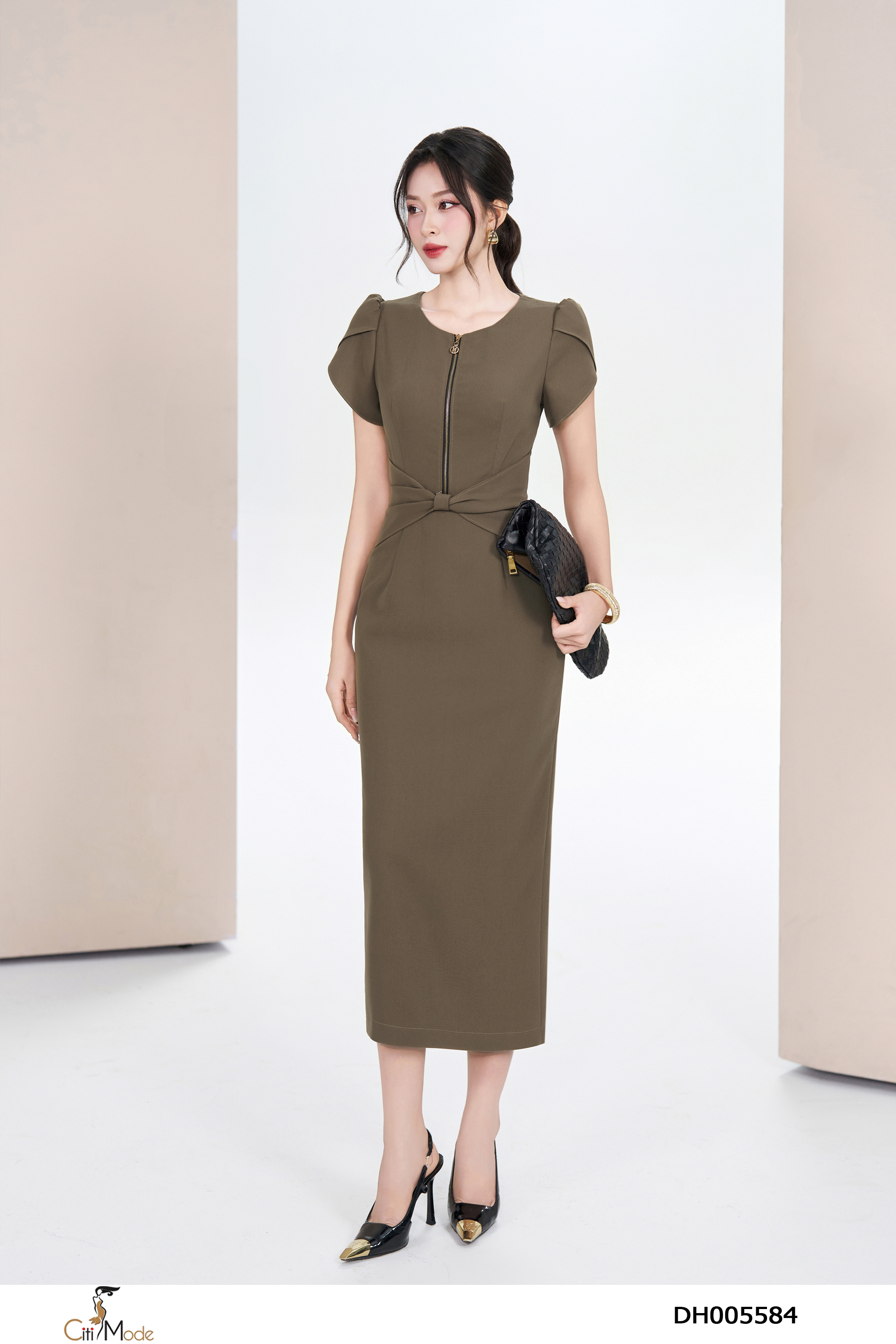 Đâm ôm A màu nâu nơ eo cổ tròn tay cách điệu_thumbnail_3