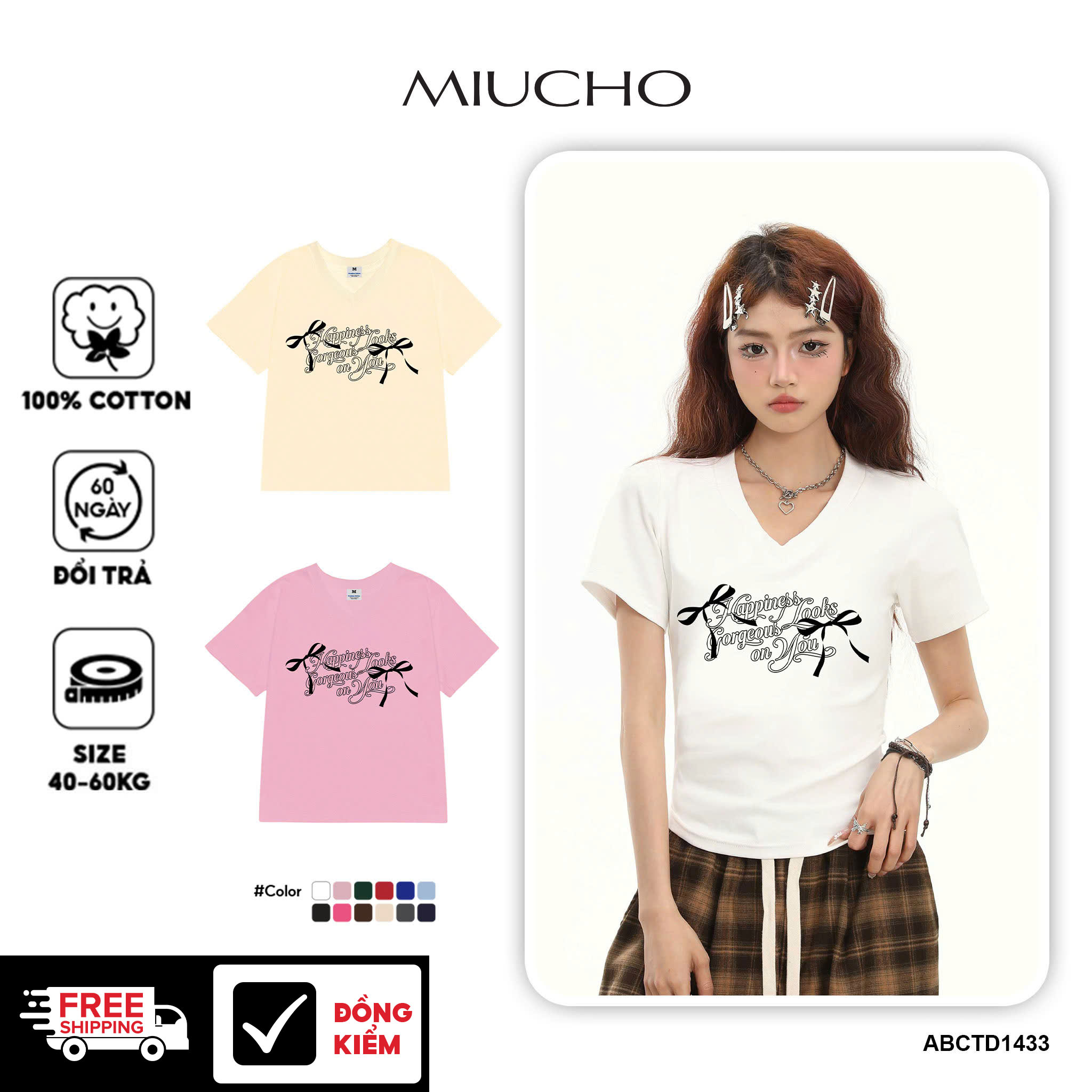 Áo thun baby tee cổ tim form ôm ABCTD1433 Miucho vải cotton co giản thoáng mát in mix