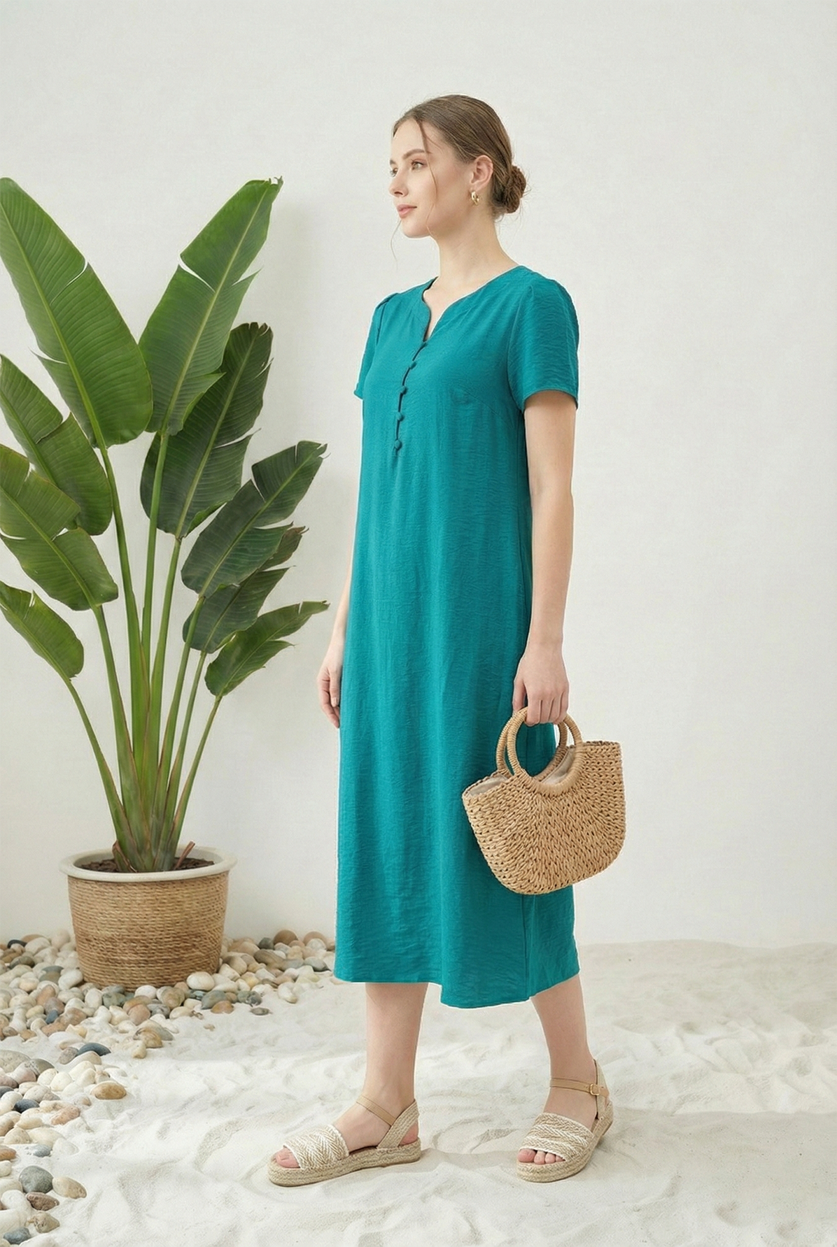 Đầm vải pha linen xanh dáng suông cổ tàu cách điệu tay ngắn thiết kế MAZANO_thumbnail_5