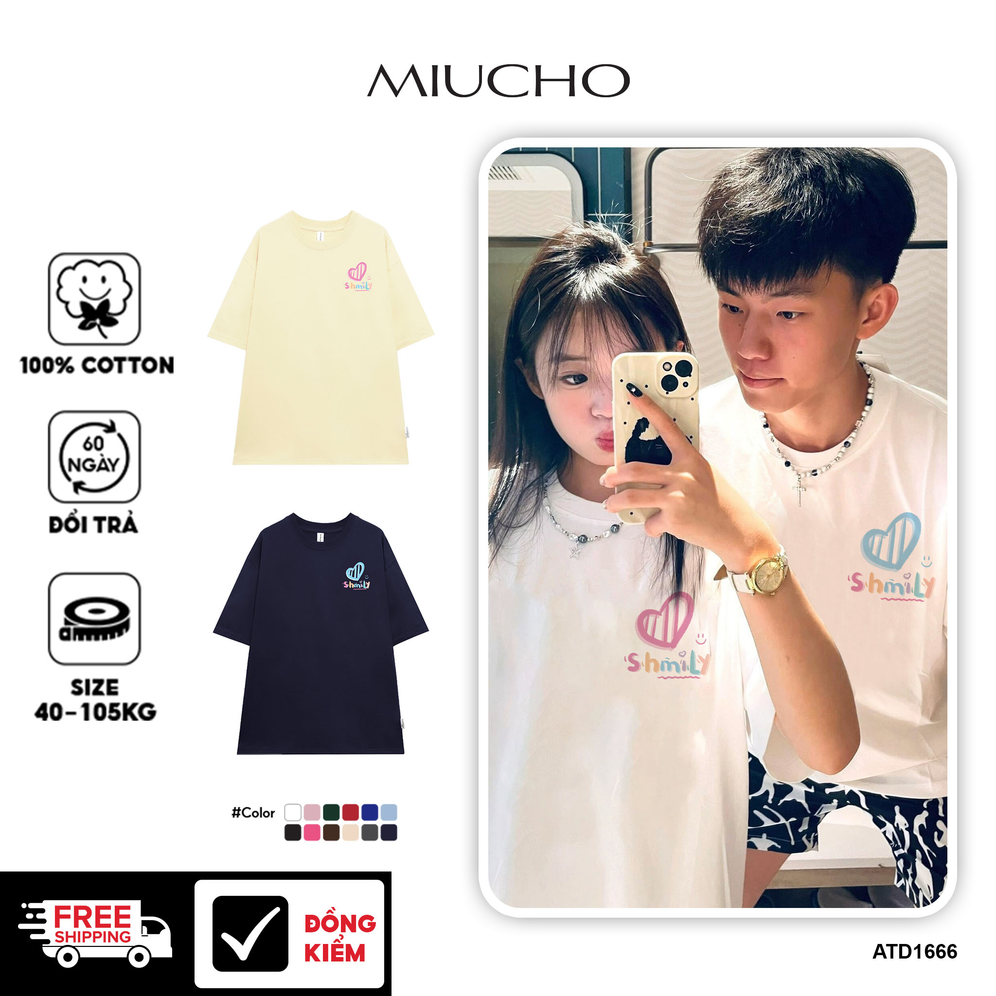 Áo thun cặp nam nữ đôi form rộng vải cotton co giãn thoáng mát ATD1666 Miucho in mix