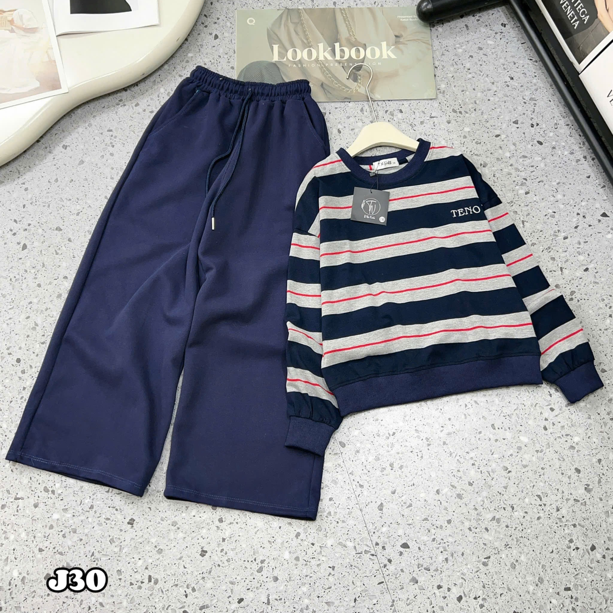 [J30] Bộ Nỉ Dài Tay Kẻ Xanh Teno