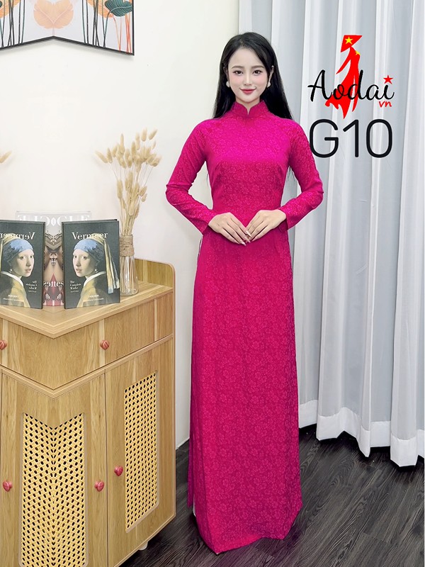 Áo dài gấm G10 màu Hồng Sen cổ cao 3cm tay dài