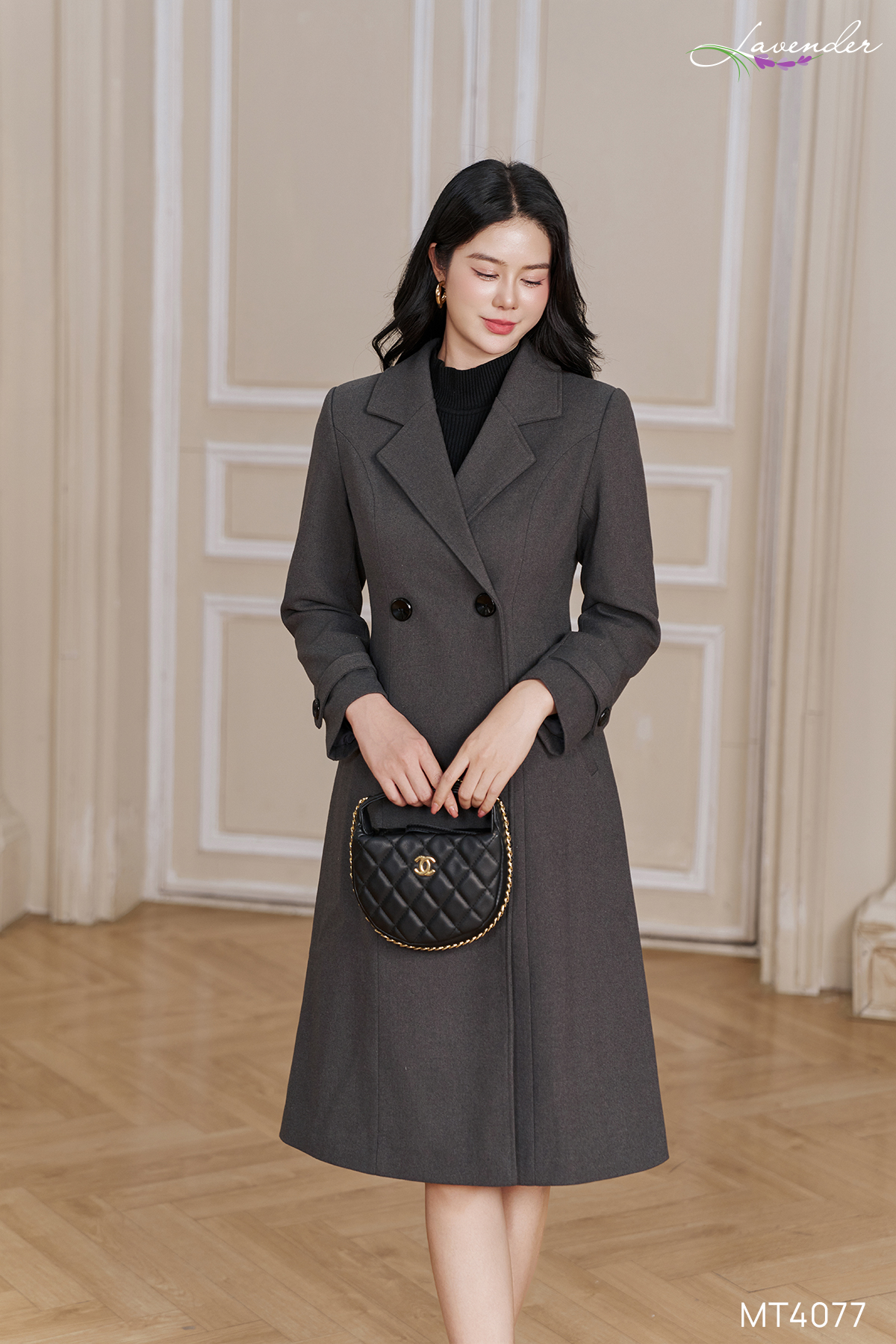 Áo măng tô dạ dài 2 cúc màu ghi đậm MT4077