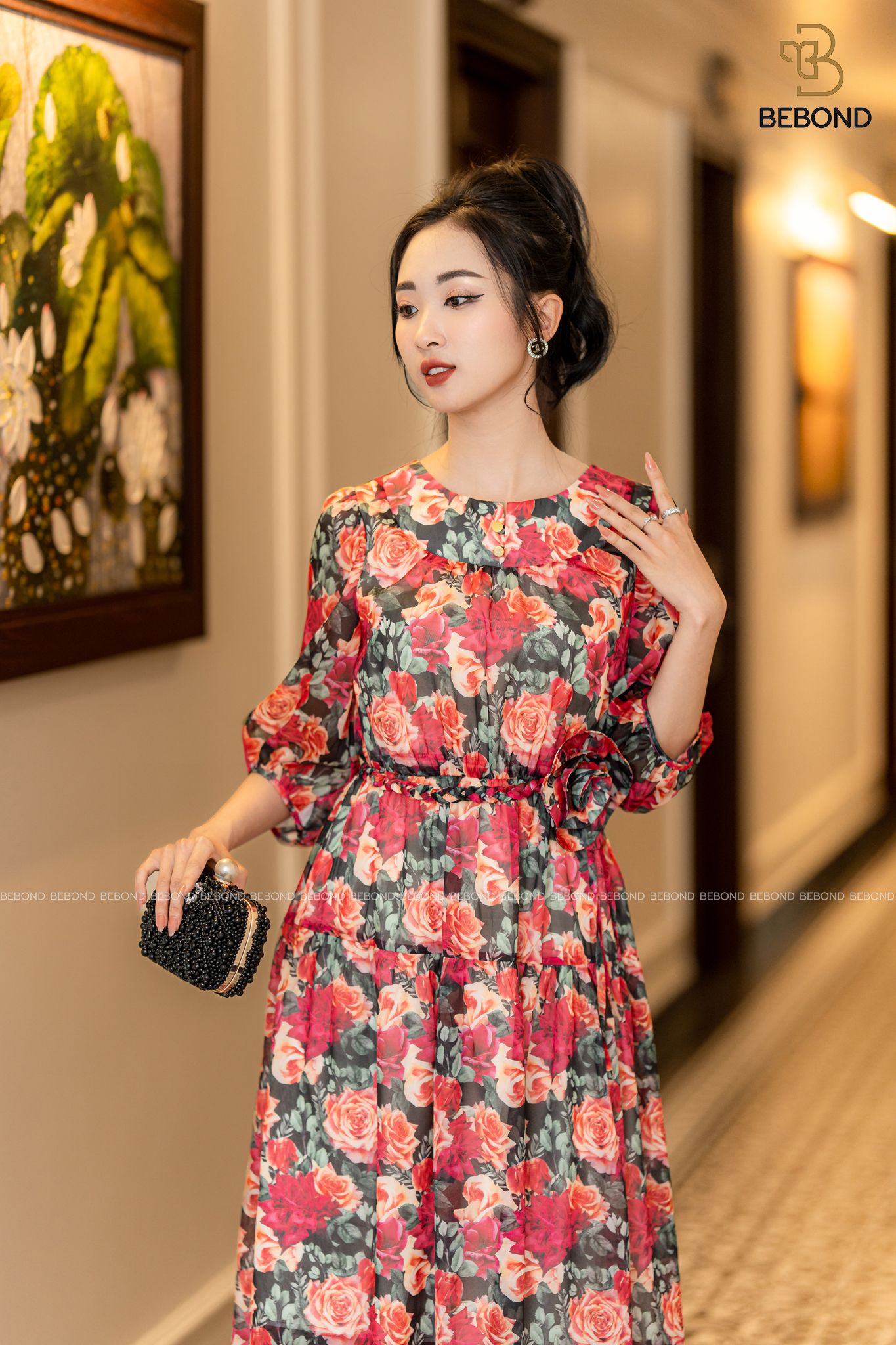 Đầm xòe tơ óng in hoa 3D - Hoa Hồng Đỏ - Stella Dress