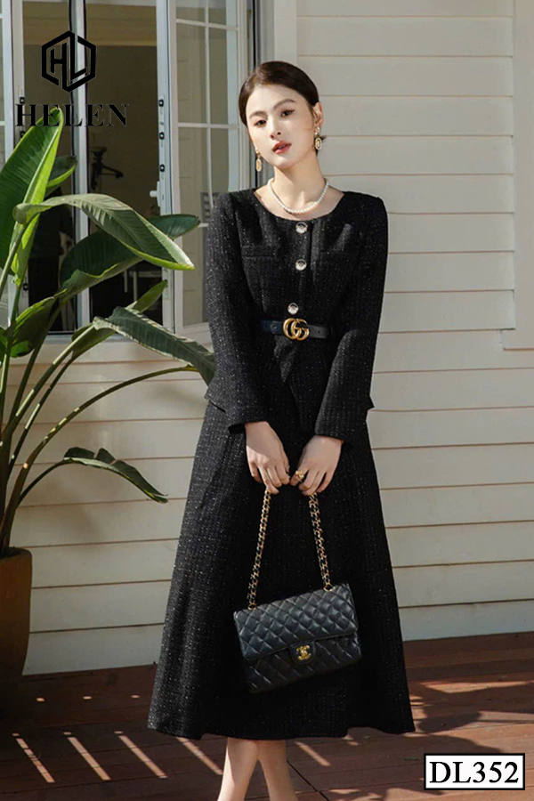 Đầm xòe peplum đen giả set tay dài DL352