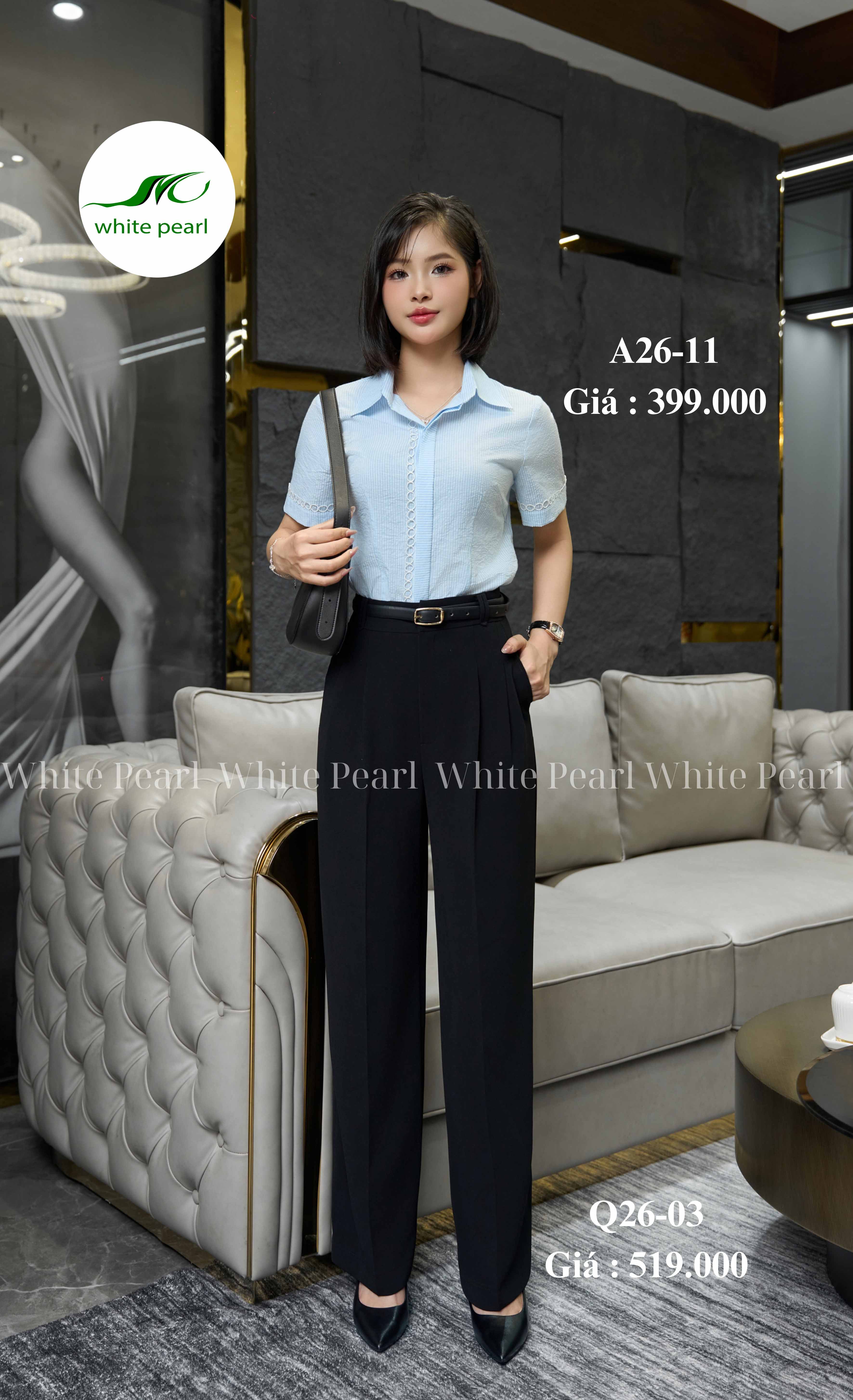  Áo sơ mi cổ đức kẹp ren Kẻ xanh thời trang công sở nữ White Pearl