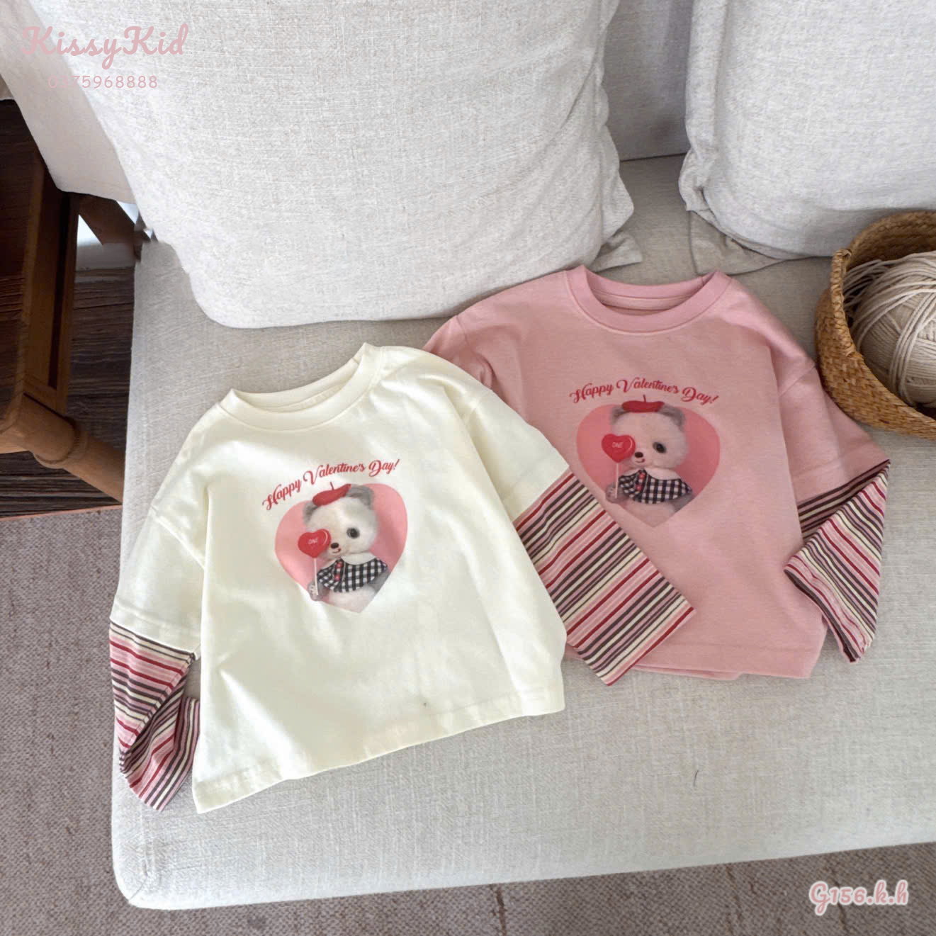 (G156) Áo thun tay kẻ hạo tiết gấu trái tim 2 màu TXL_thumbnail_0