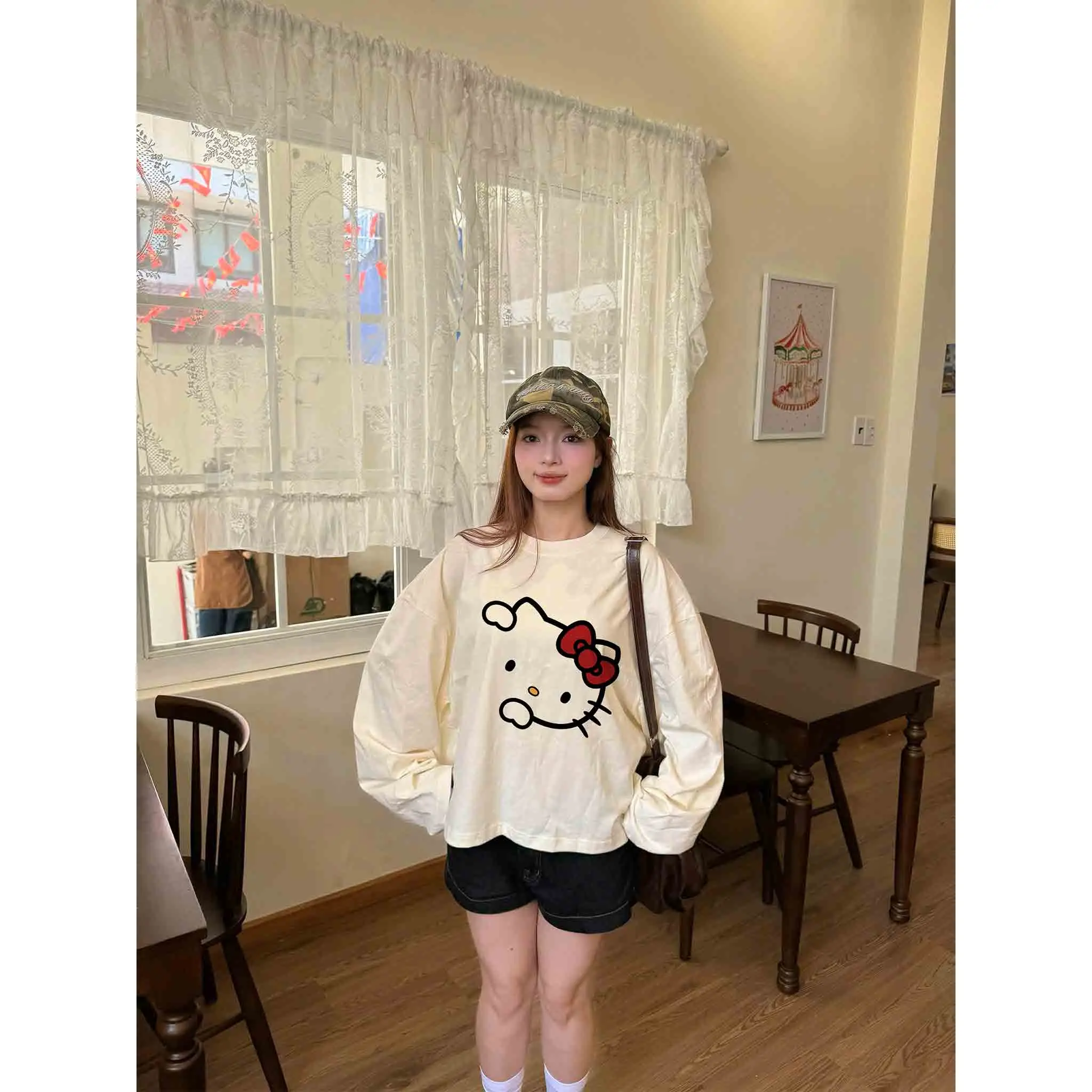 Áo thun nữ form boxy tay dài Miucho cotton dày dặn thoáng mát cổ tròn Hello Kitty in mix 2774_thumbnail_5