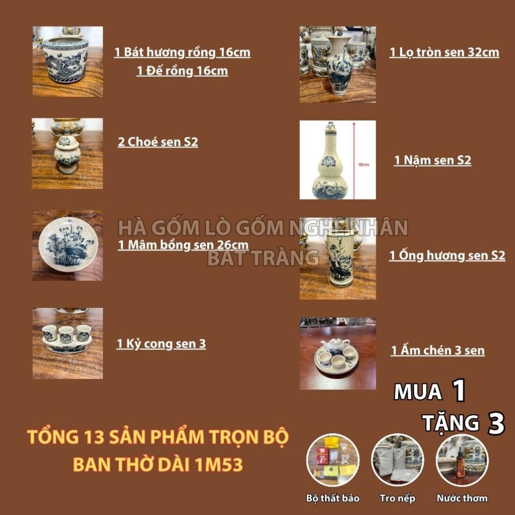 HG051 Đồ Thờ Cúng Bộ 13 món ban thờ 1M53 men rạn trơn nghệ nhân Bát Tràng chế tác TẶNG Thất Bảo, Tro Nếp_thumbnail_1