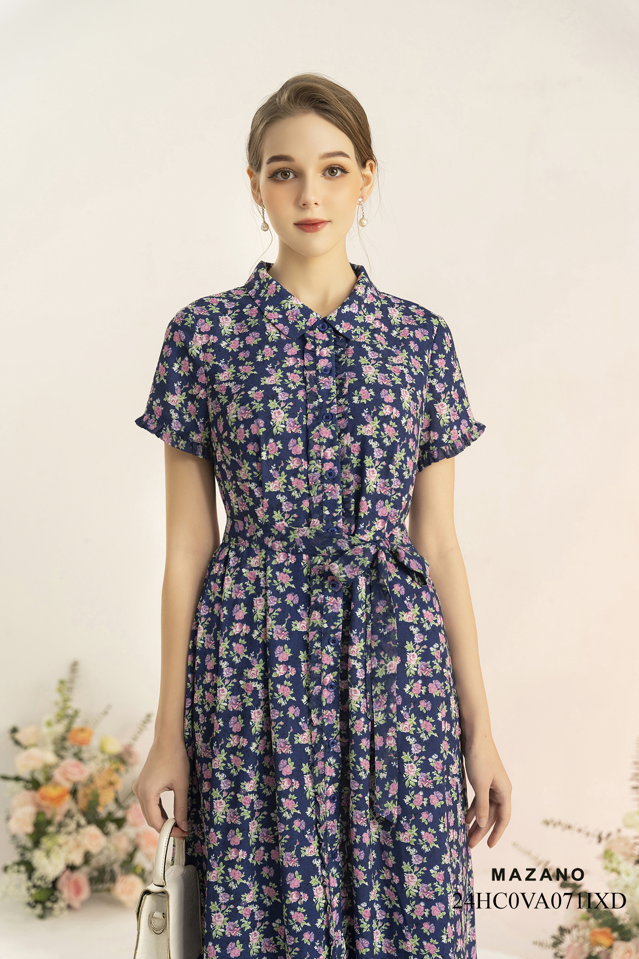 Đầm sơ mi xanh than phối bèo thắt đai eo_thumbnail_3