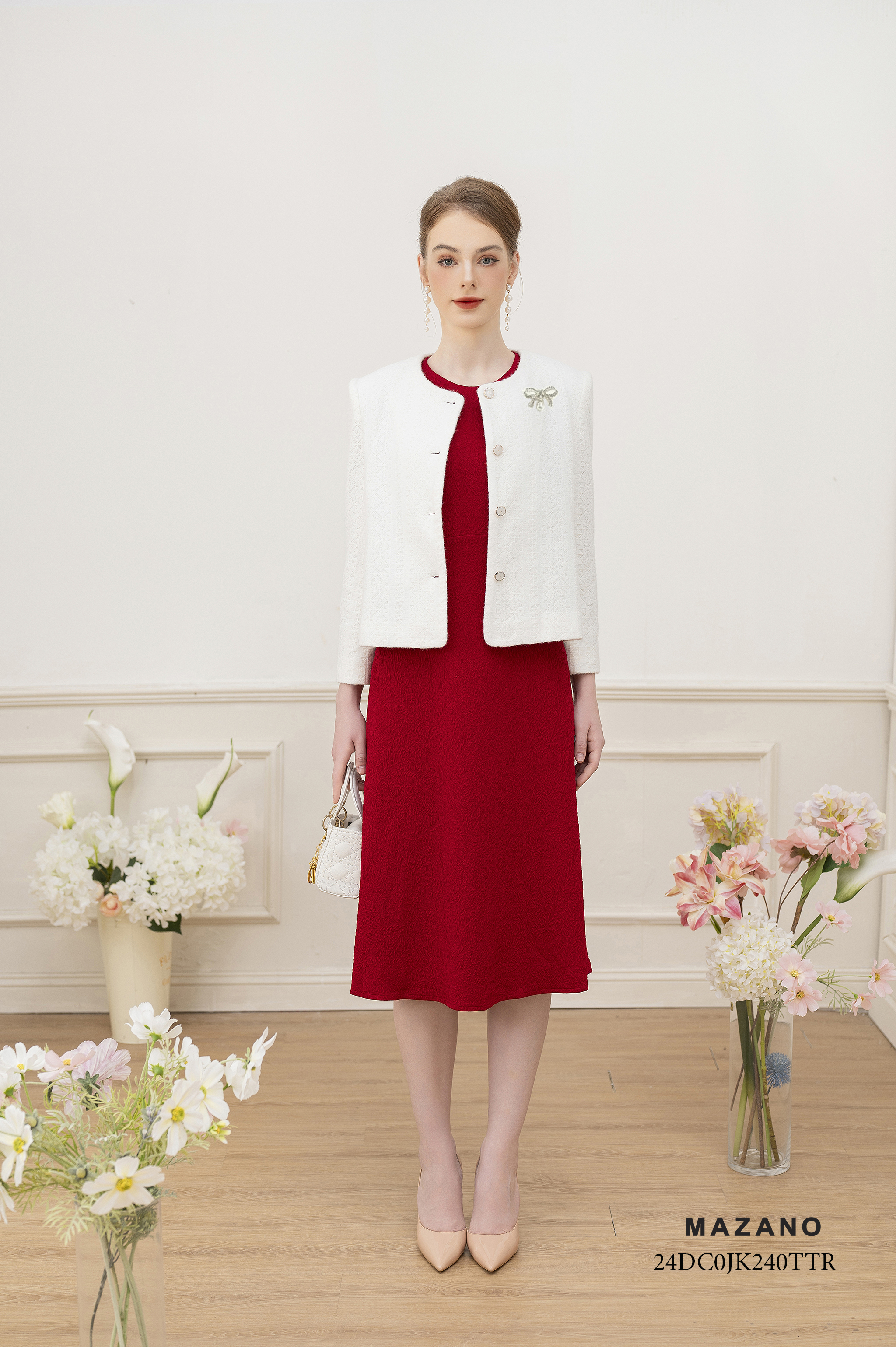 Áo khoác ngắn Suông Vải dạ len dày Họa tiết hoa văn kẻ Đính trang trí Dài dưới eo_thumbnail_3