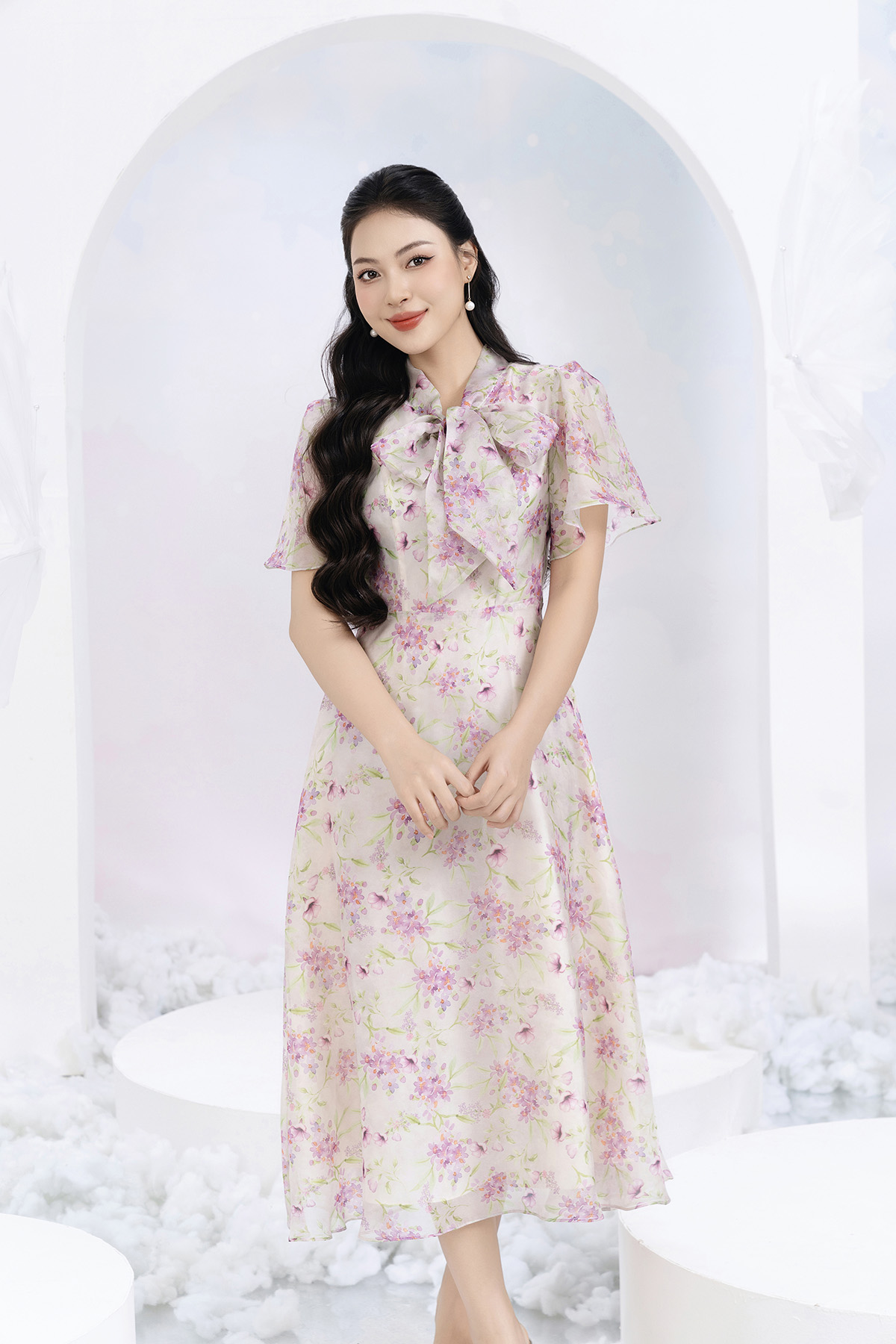 Đầm hoa tím cổ nơ tay bèo D3015_thumbnail_3