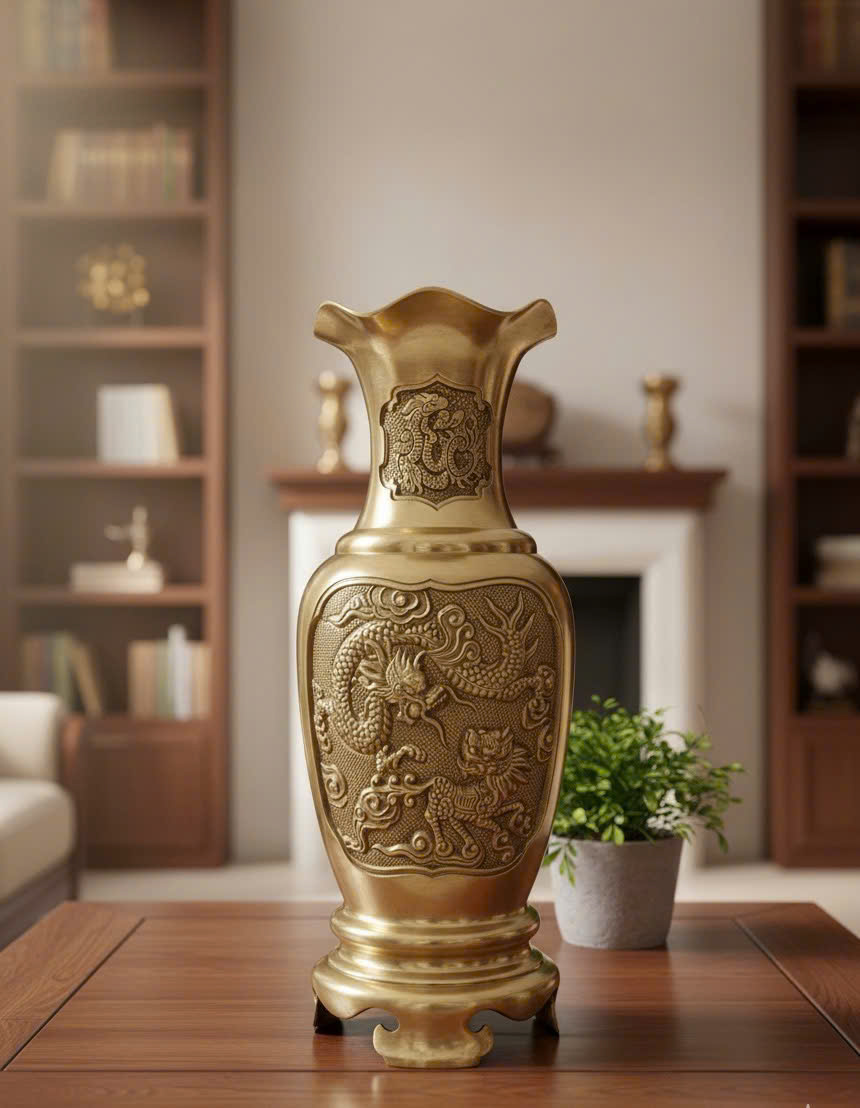 Lọ hoa bằng đồng  chạm hoa văn  rồng đúc đồng vàng thau cao 40cm 