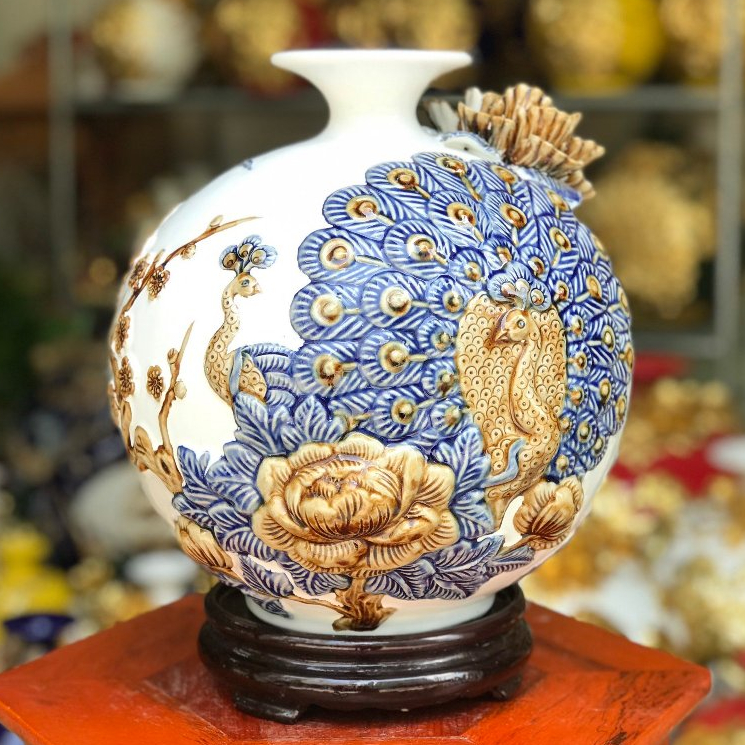 Bình Tài Lộc - Lọ Hoa Hút Lộc Gốm Bát Tràng Bền Đẹp Cao Cấp TẶNG ĐẾ GỖ Họa tiết Thuận Buồm Xuôi Gió