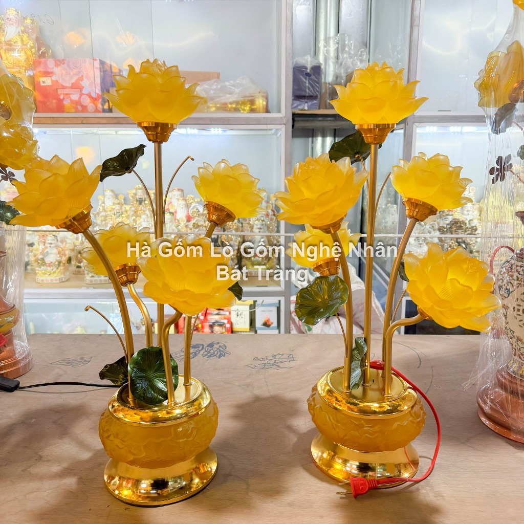 Đôi Đèn Hoa Sen Lưu Ly Chân Đế Hợp Kim 5 Bông Hoa Sen Nở - Nhiều Mẫu Sang Xịn - Hàng Nhập Khẩu_thumbnail_2