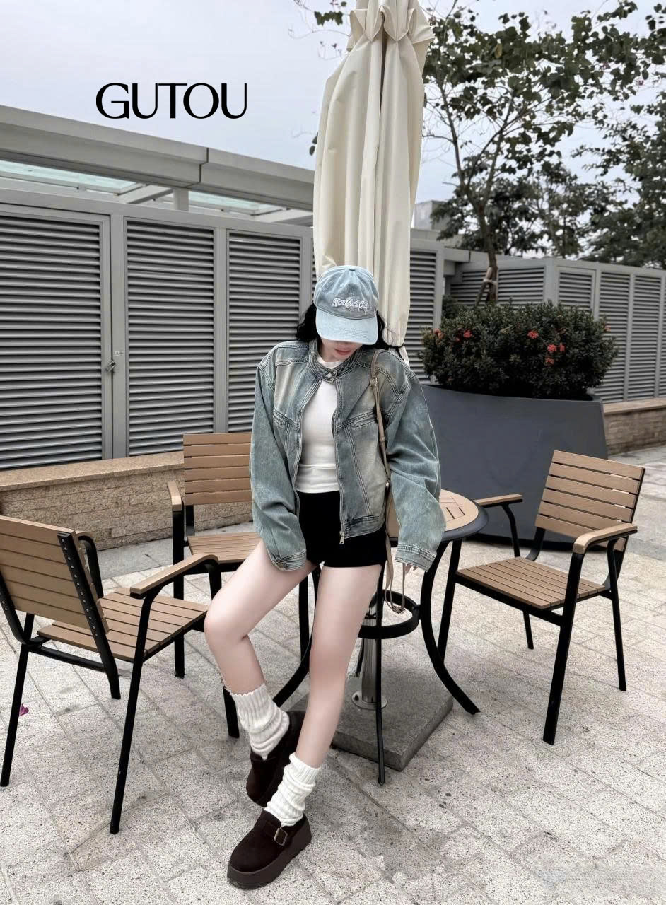 [ GUTOU ] Áo Khoác Denim Cổ Trụ Khóa Kéo Street Style_thumbnail_3