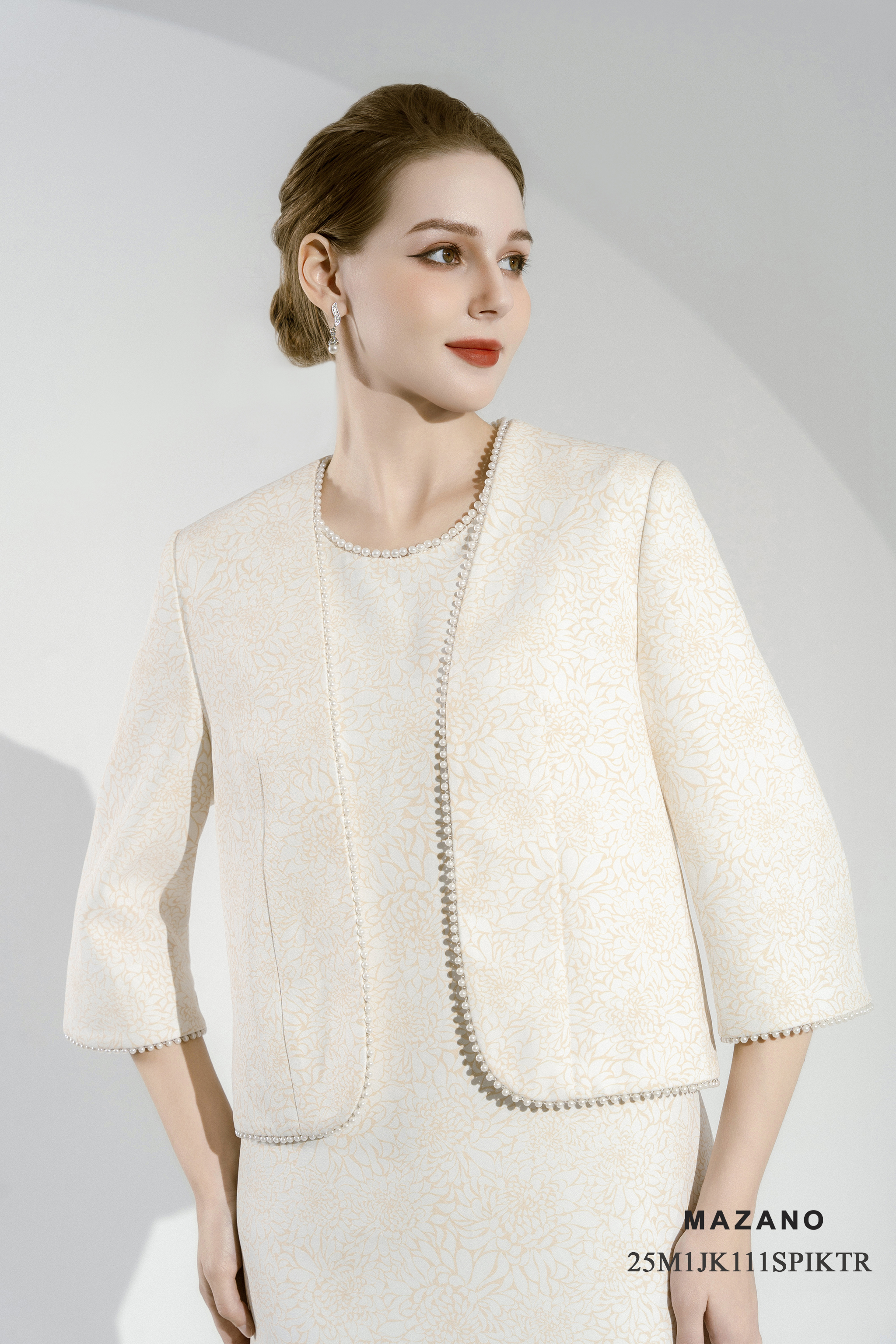 Áo khoác ngắn Suông Vải thô chun In hoa cách điệu Trang trí ngọc trai Dài dưới eo_thumbnail_2