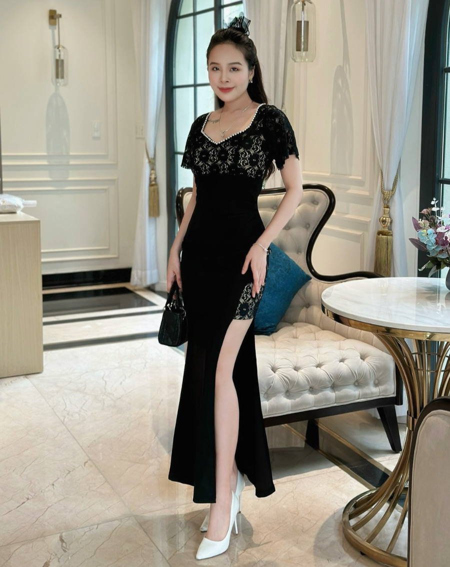 Đầm maxi dự tiệc phối ren đính châu sang trọng