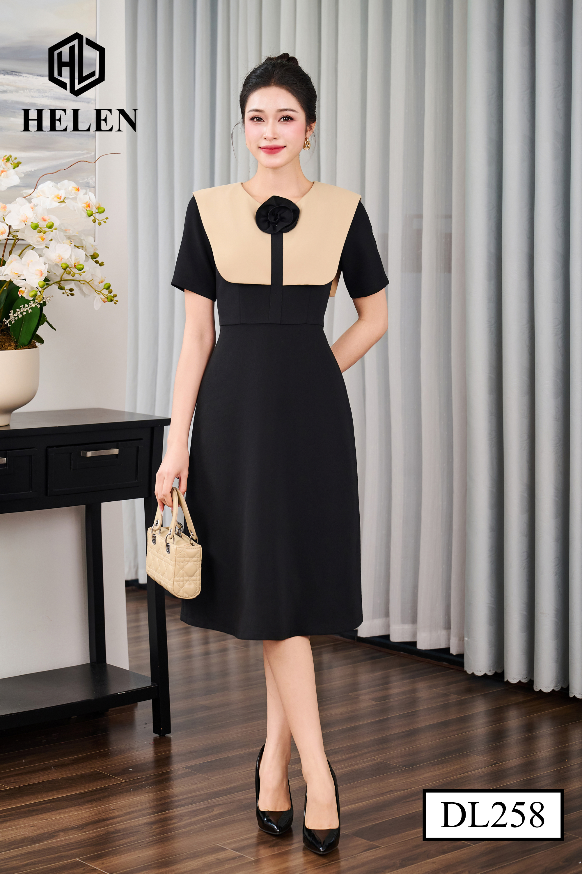 Đầm A đen phối tà be DL258_thumbnail_2