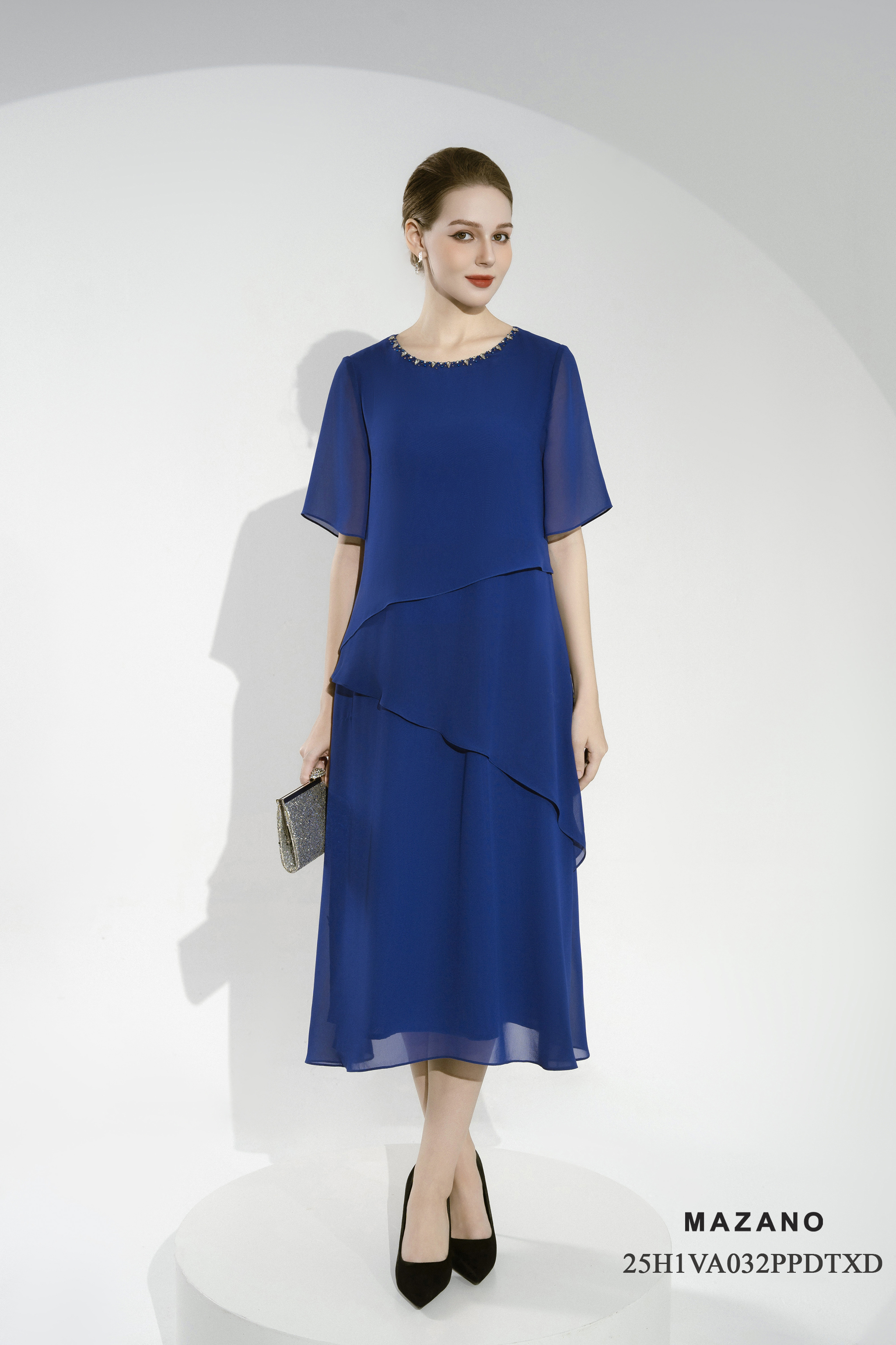 Váy Đầm suông A layer Vải voan mỏng Đính trang trí Cổ tròn Tay ngắn Dài váy đến bắp chân_thumbnail_0