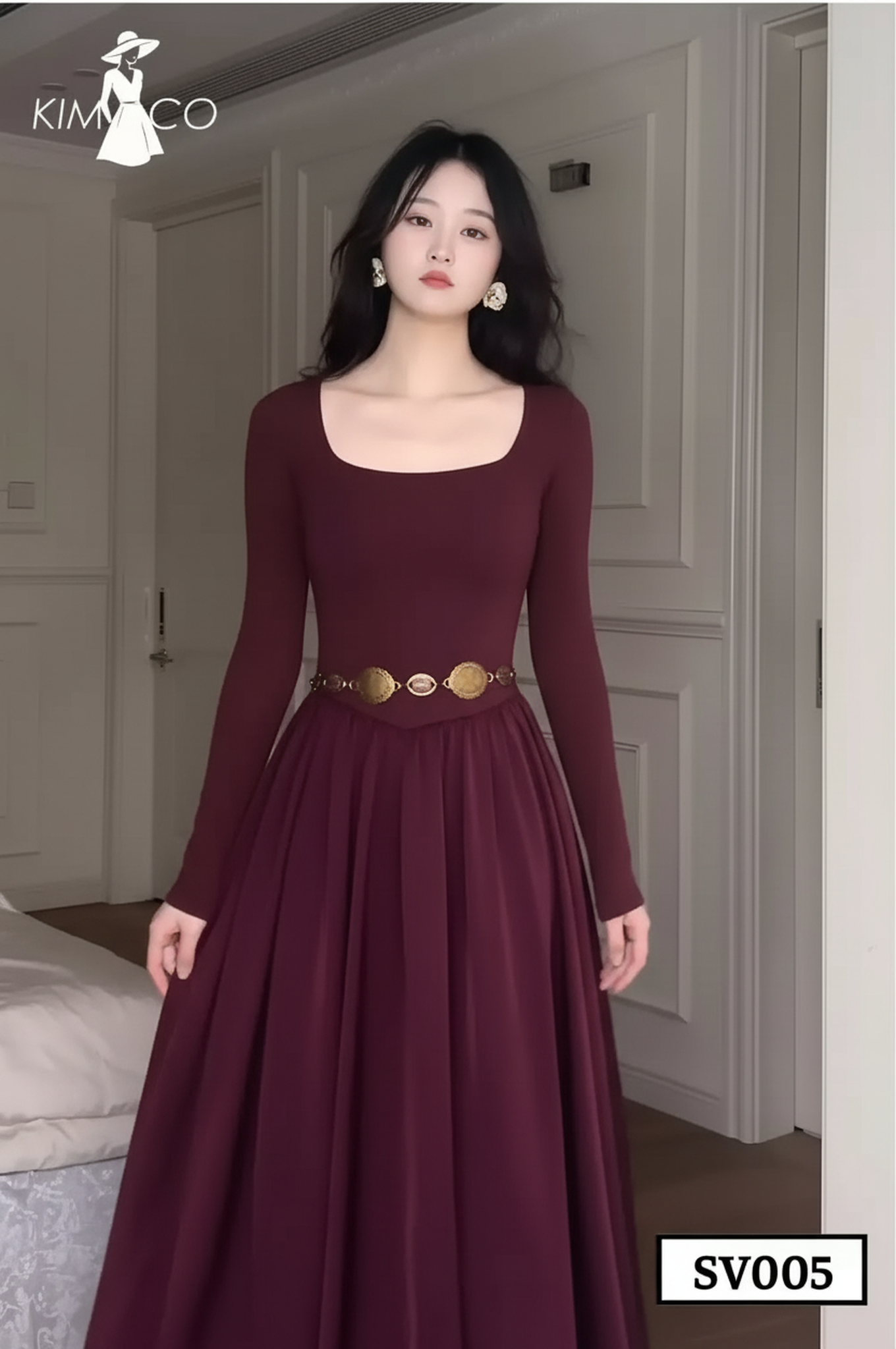 Burgundy Belted Dress - SV005