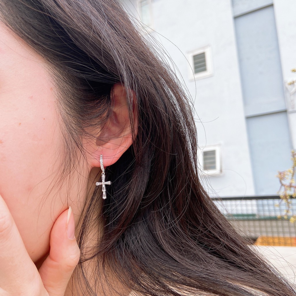 Khuyên tai Thánh Giá bạc unisex dáng dài nạm đá Zircon có chốt bấm/ trang sức Công Giáo KB03_thumbnail_7