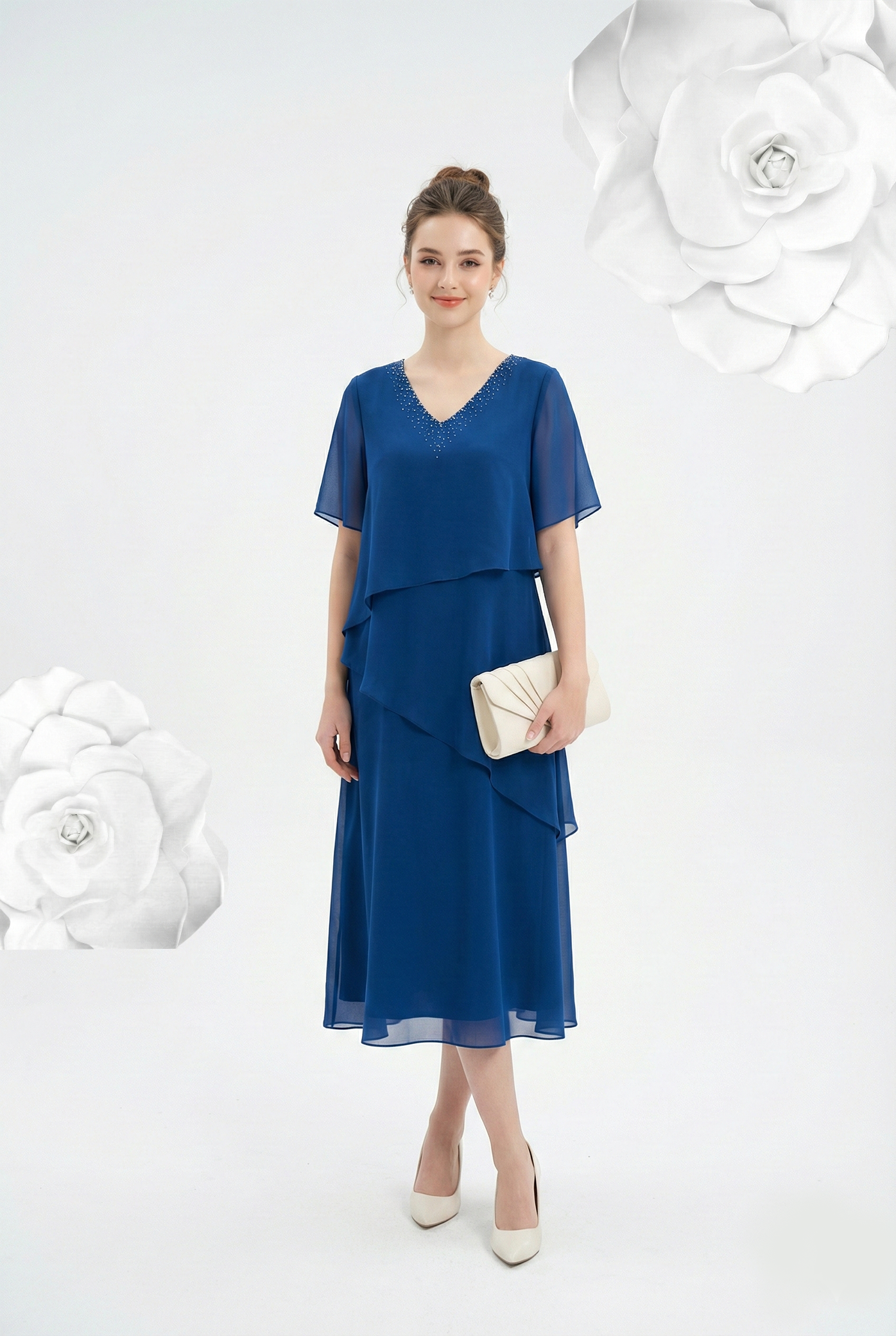 Đầm voan chiffon xanh đơn sắc dáng suông A cổ V tay ngắn đính hạt thiết kế MAZANO