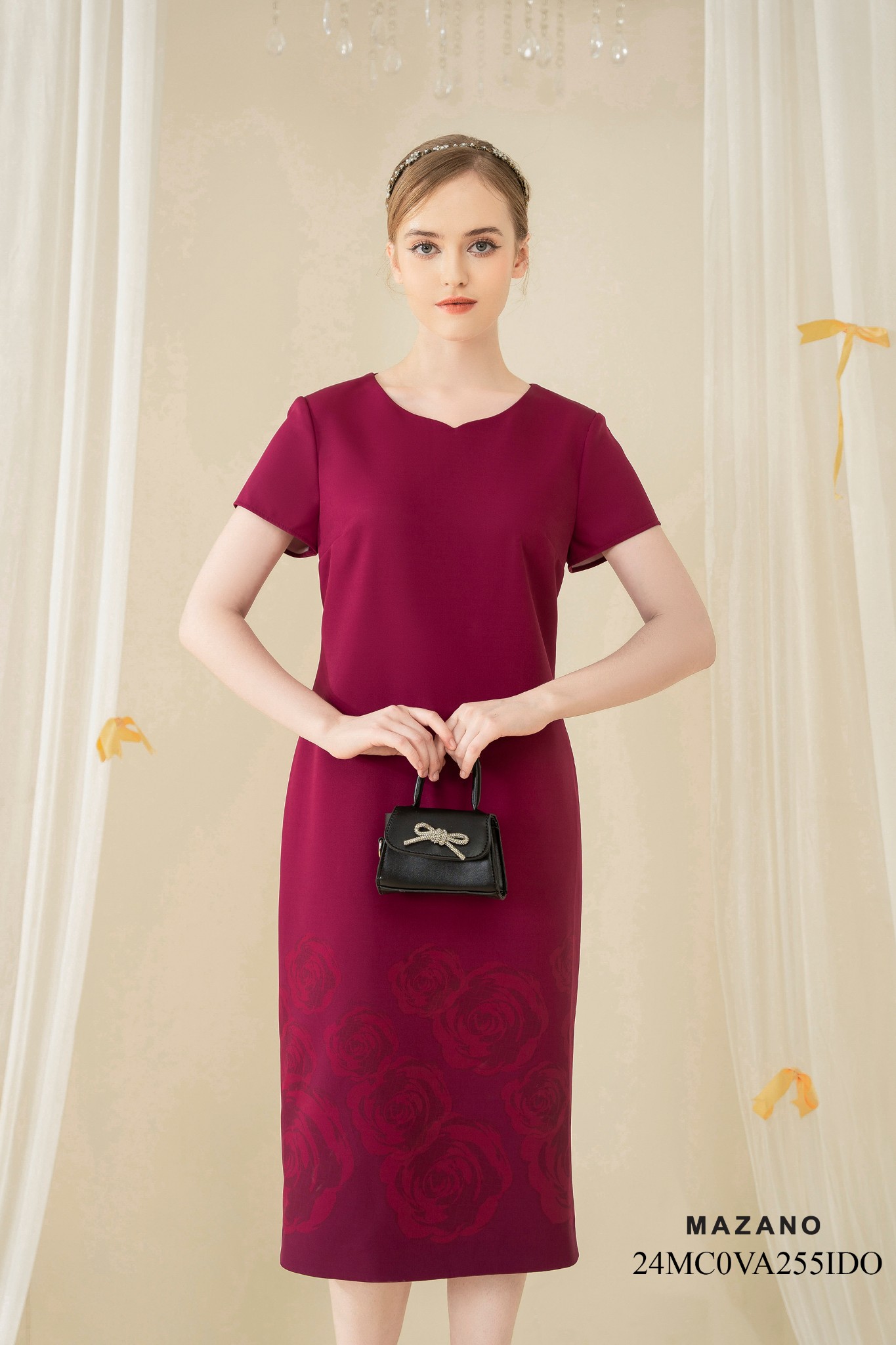 Váy Đầm Suông Vải thô chun Hoạ tiết hoa hồng in chìm Cổ tròn Tay ngắn Dài đến bắp chân_thumbnail_2