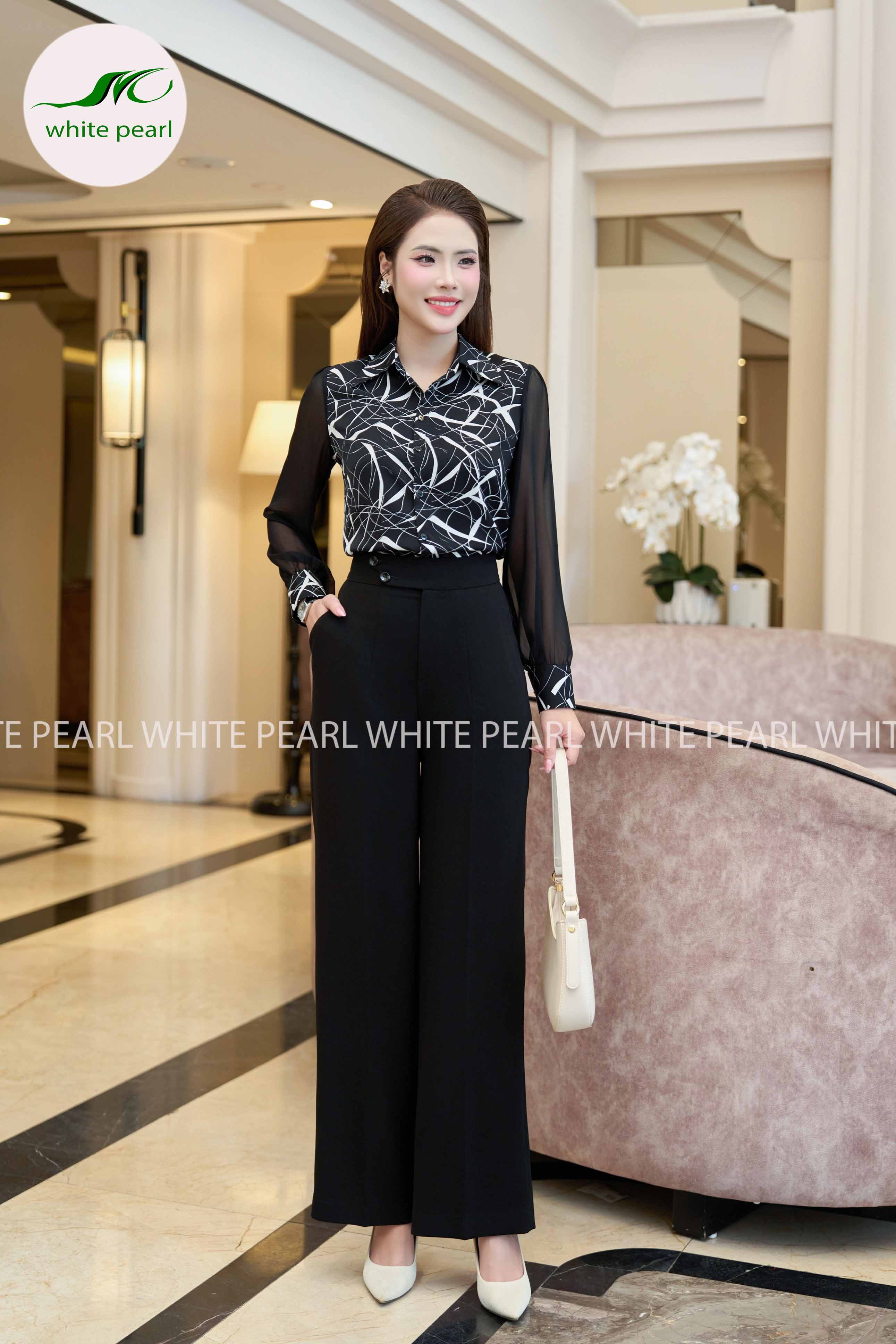 Áo sơ mi cổ đức pha tay kết hợp quần ống suông 1 ly thời trang công sở cao cấp White Pearl_thumbnail_2