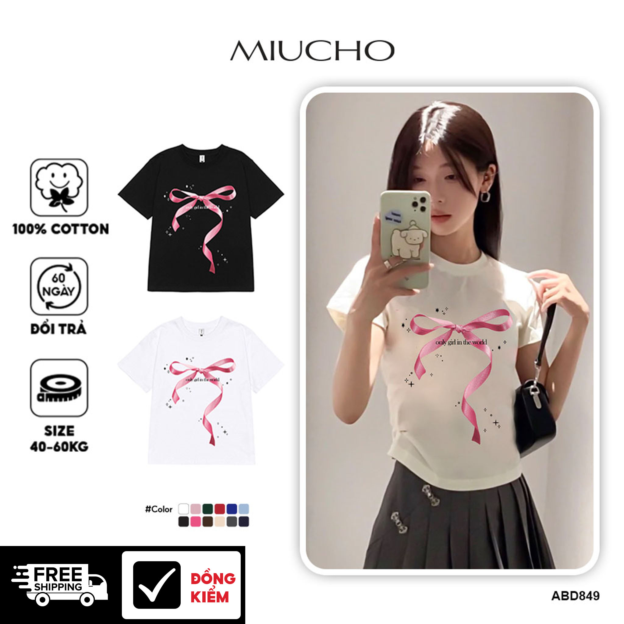 Áo thun baby tee hình nơ form ôm xinh xắn ABD849 Miucho tay ngắn vải Cotton Cổ tròn hotrend in basic