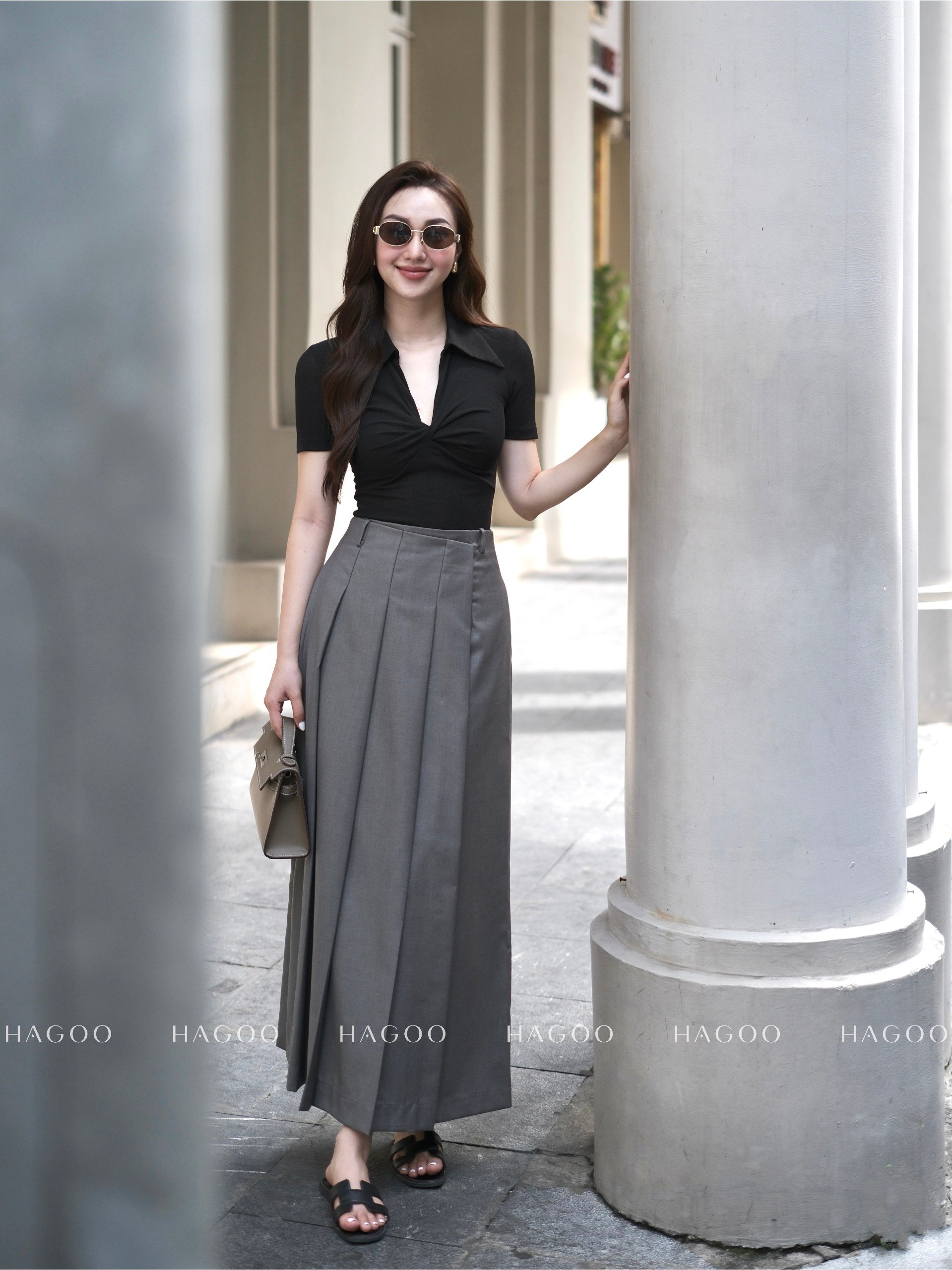 Chân váy xếp ly vạt lệch HAGOO_thumbnail_0