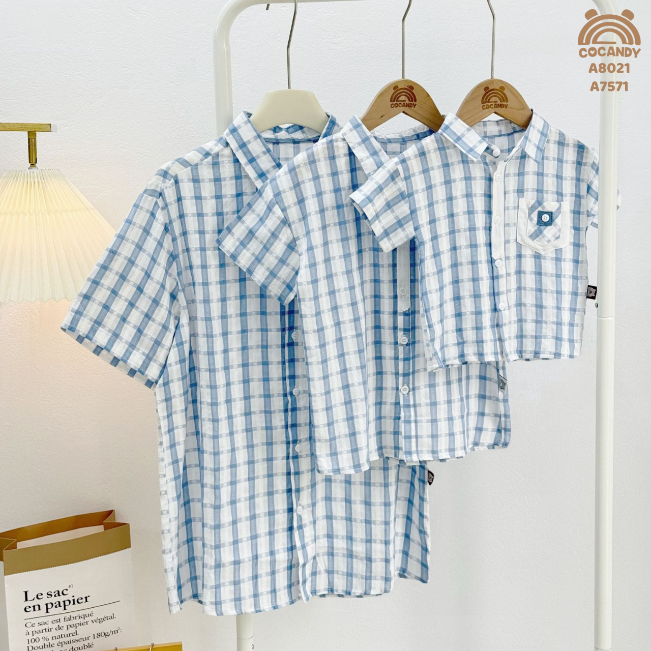 Áo cộc sơ mi caro XANH cổ bẻ túi giả nắp xanh