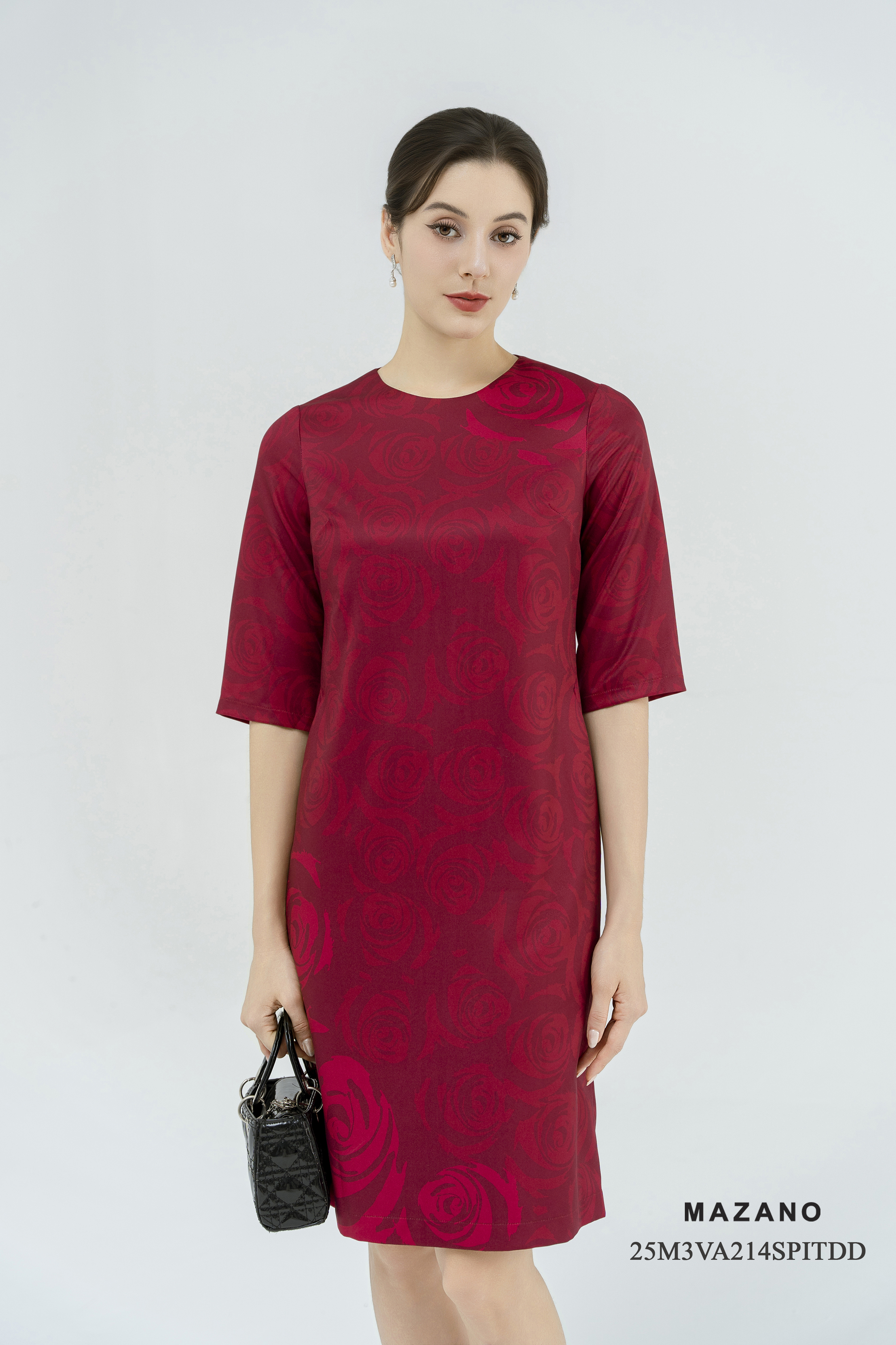 Váy Đầm Suông Vải thô sạn Hoạ tiết hoa cách điệu Cổ tròn  Tay lỡ Dài qua gối_thumbnail_2