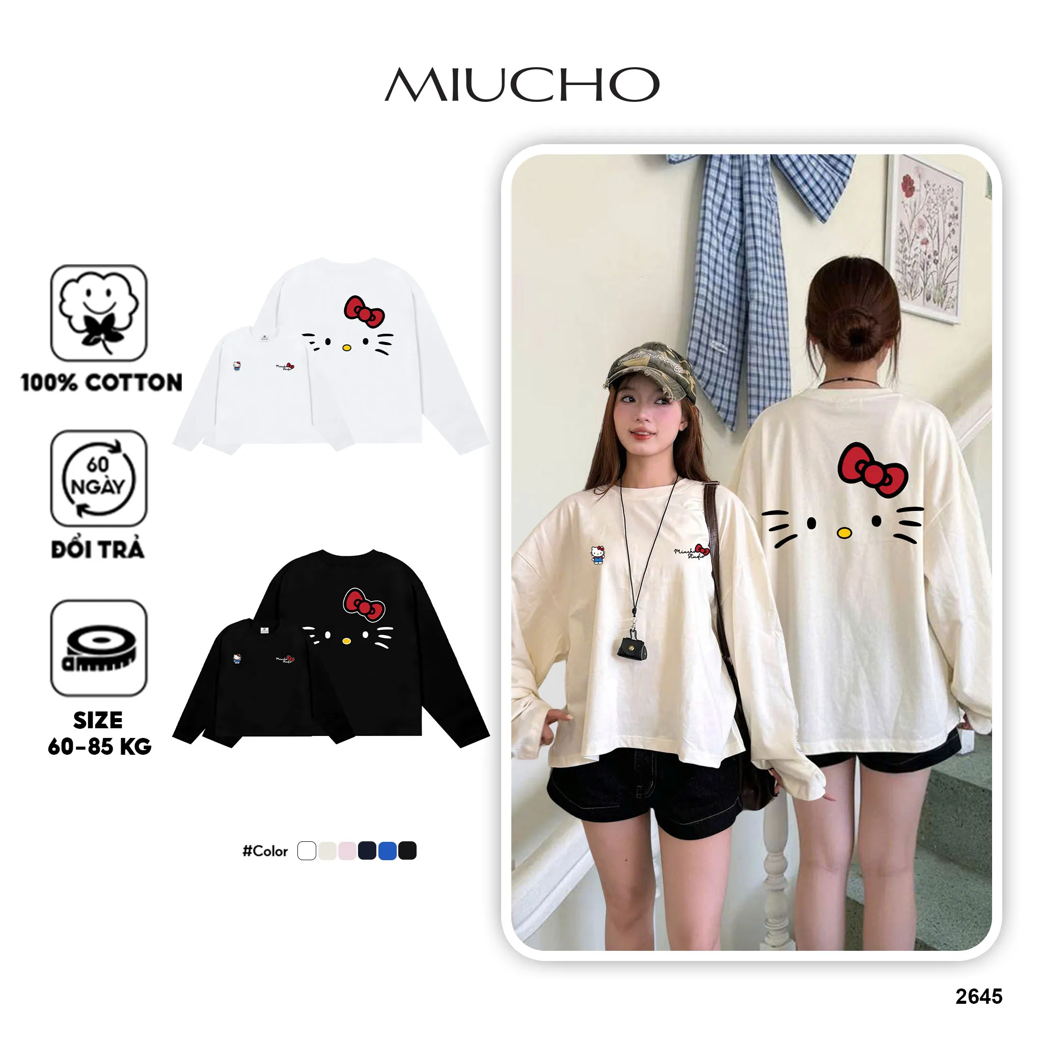 Áo thun boxy tay dài kitty dễ thương 2645 Miucho vải cotton 2c thoáng mát cổ tròn in mix